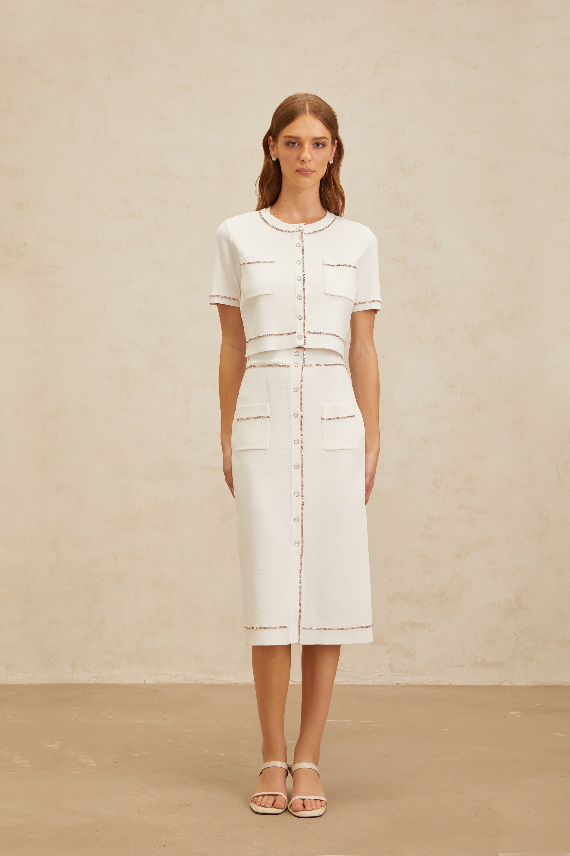 Clotilde White embellished Knit Top & Skirt Set