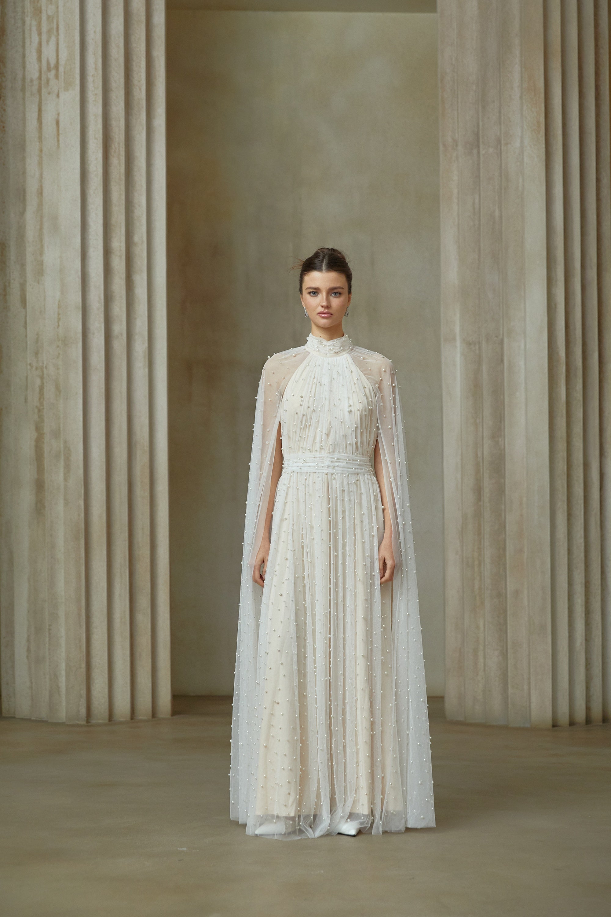 Louane white cape-design embellished tulle maxi dress