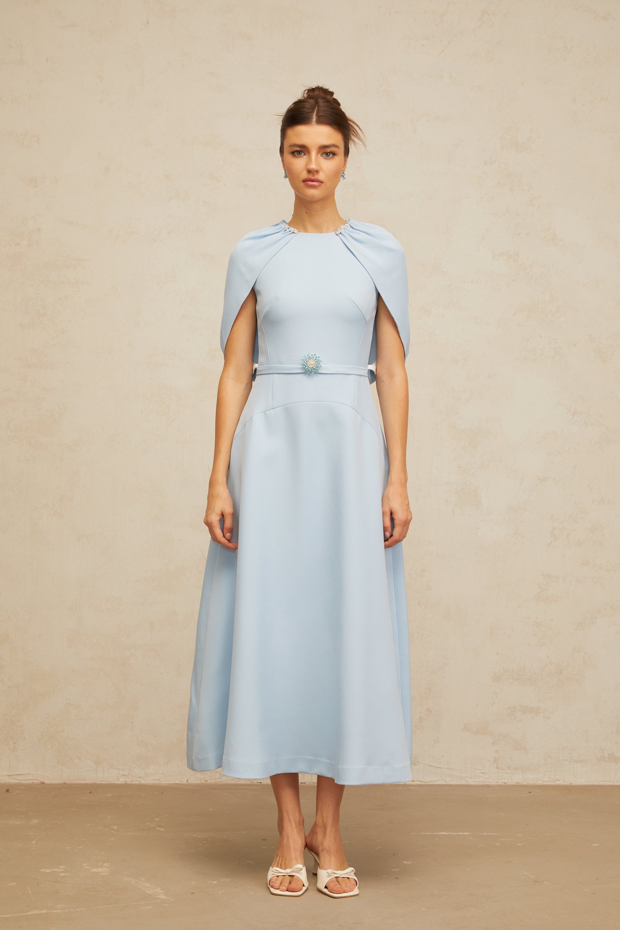 Lina blue shawl-panel embellished midi dress (Final Sale)