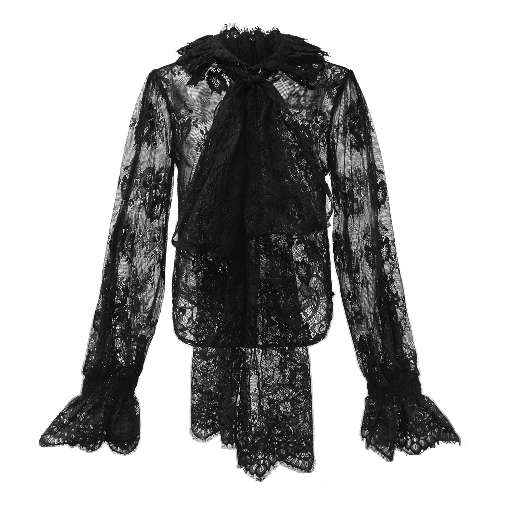 Schwarze Bluse von Quintine mit Schleifenkragen und floraler Spitze