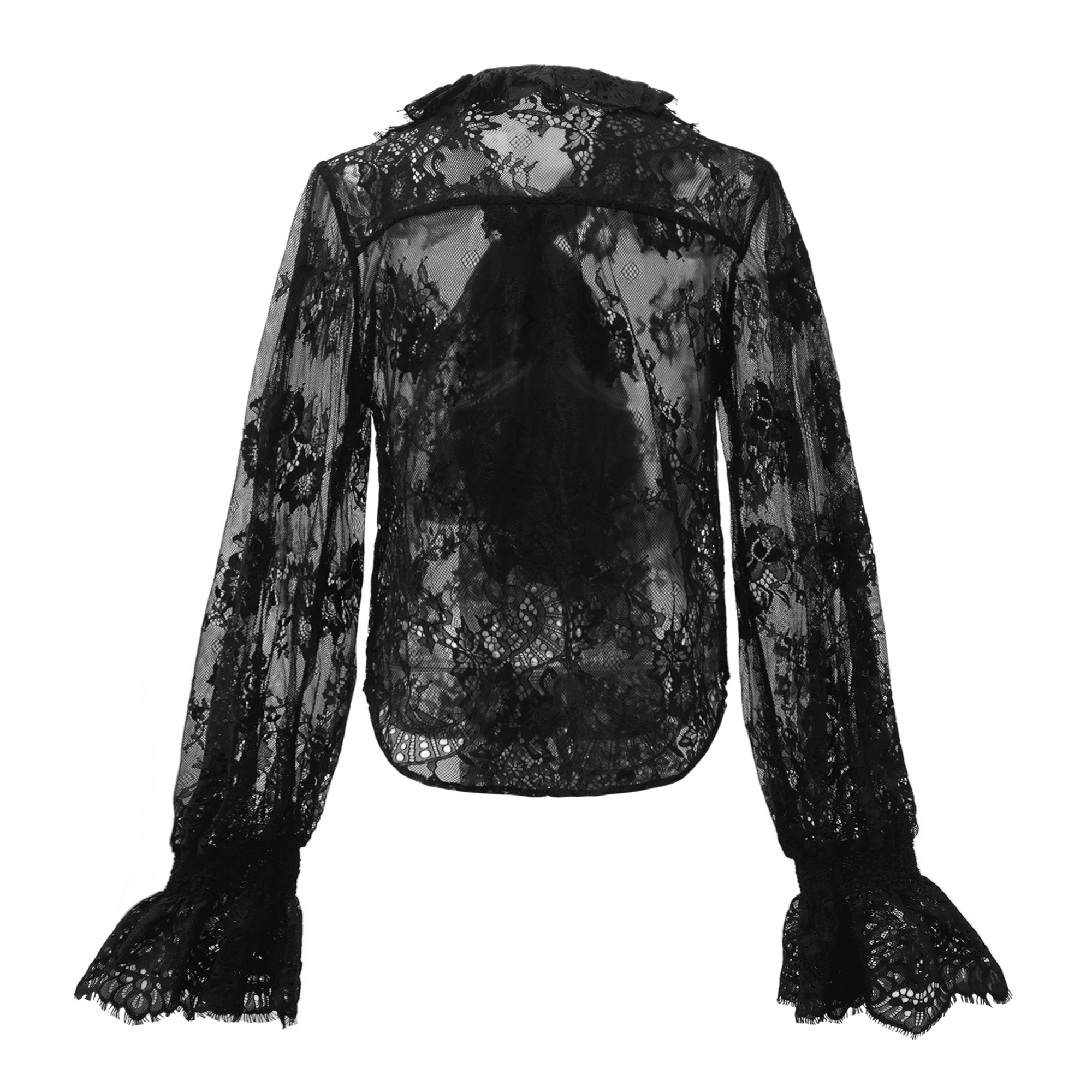 Schwarze Bluse von Quintine mit Schleifenkragen und floraler Spitze