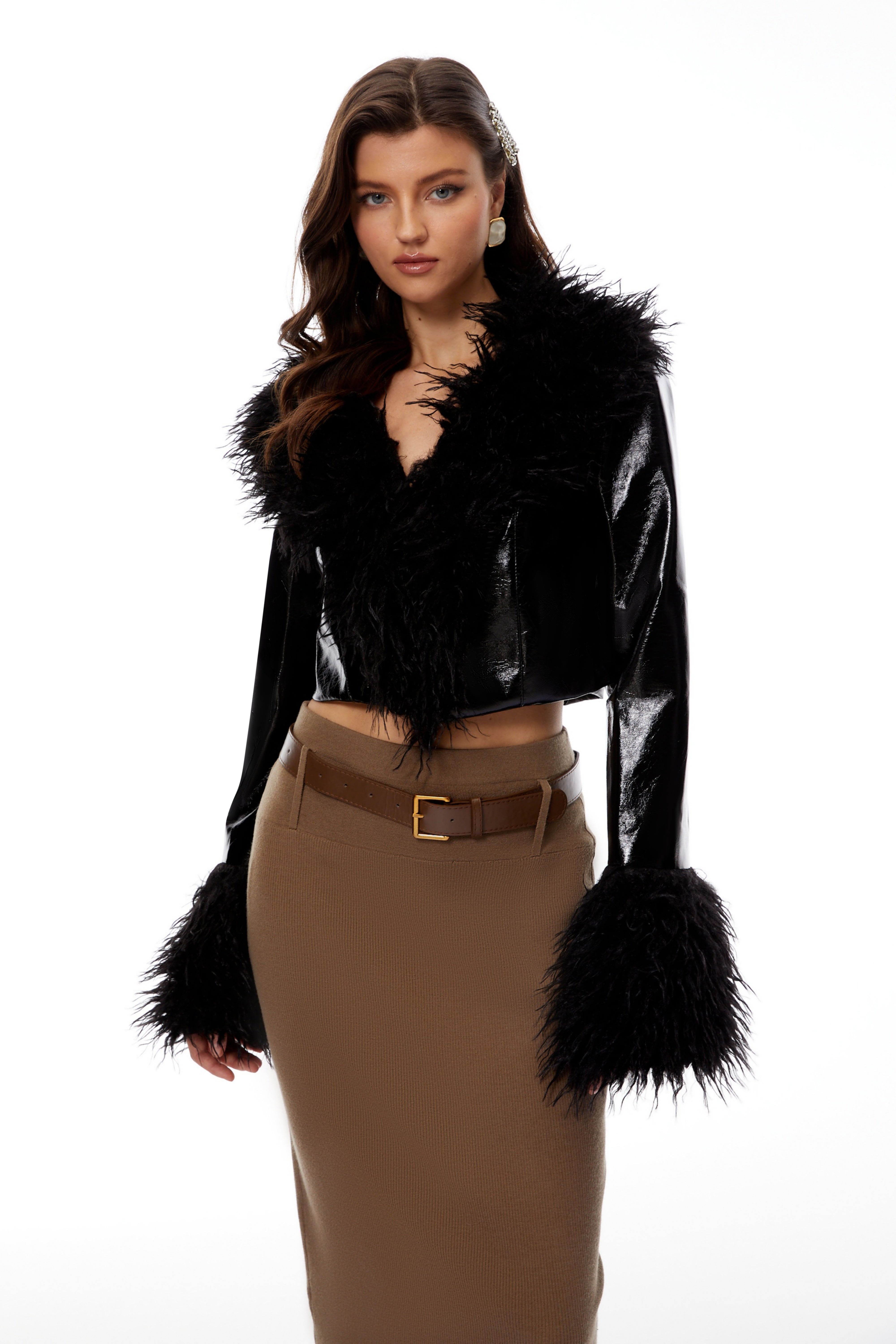 Mildred Black Fur Panel Patent Leather Jacket