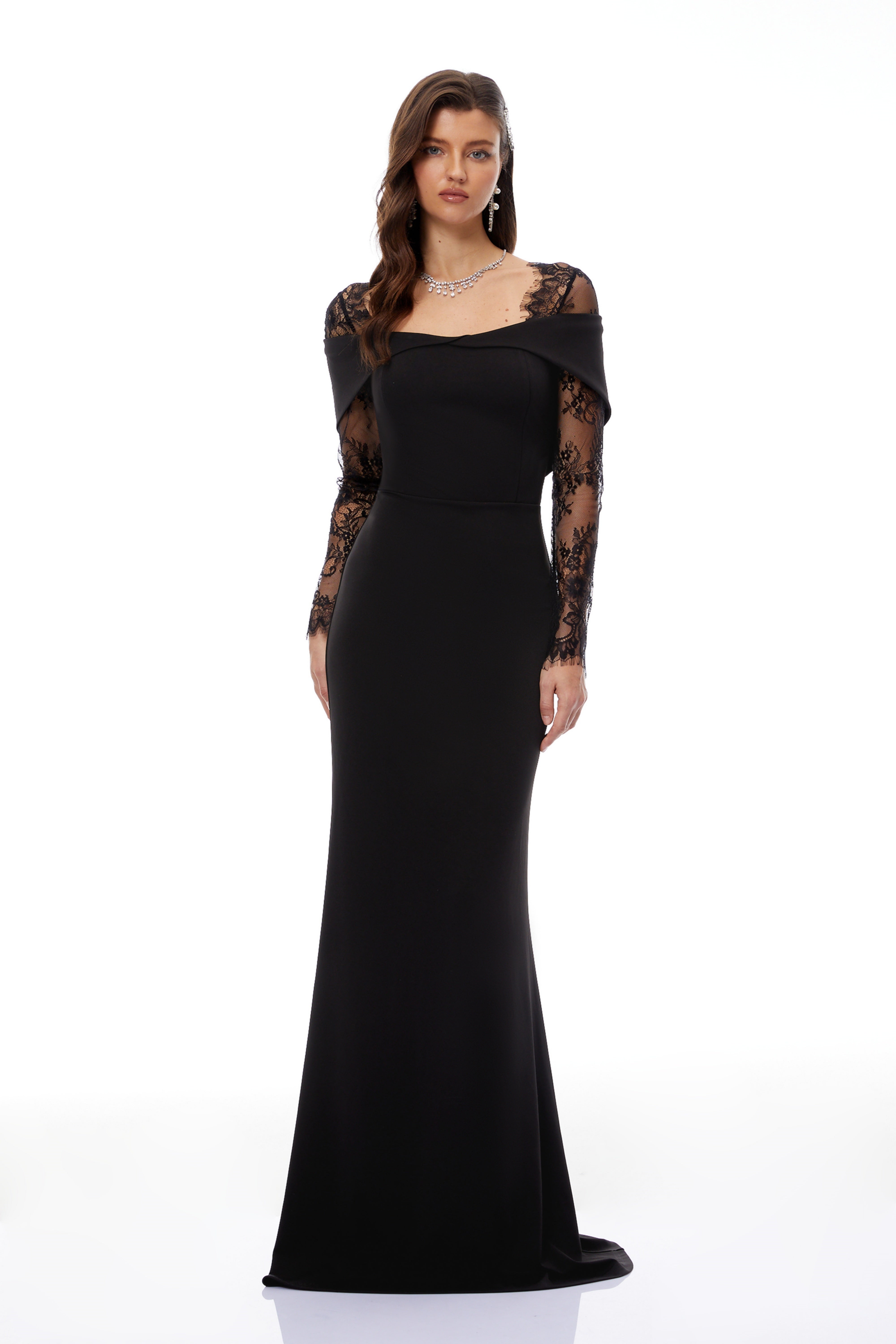 Black lace-sleeve off-the-shoulder maxi dress
