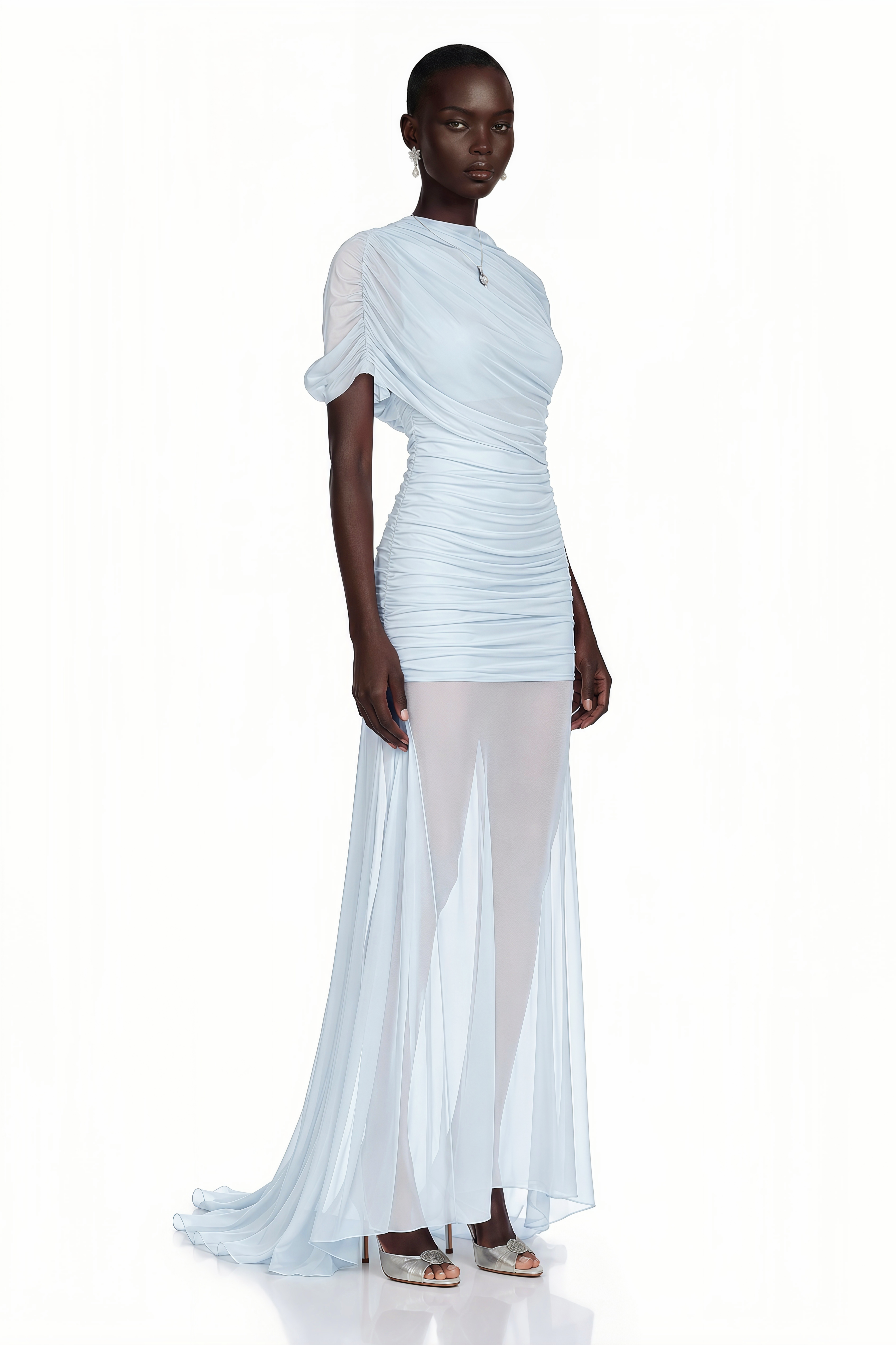 Sylphe Blue Asymmetrical Ruched Mesh Maxi Dress