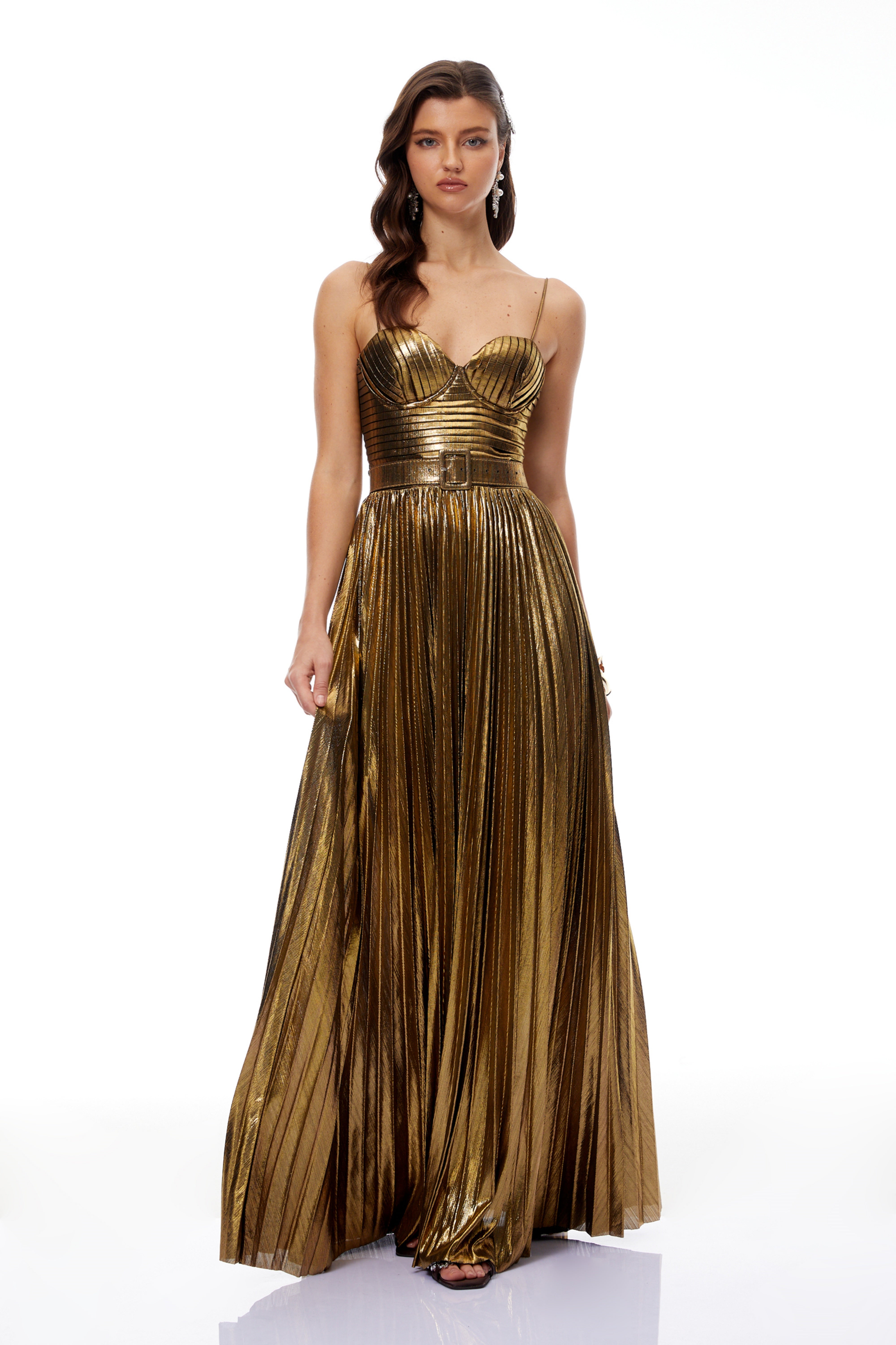 Calliope Olive Glänzendes Plissee-Maxikleid