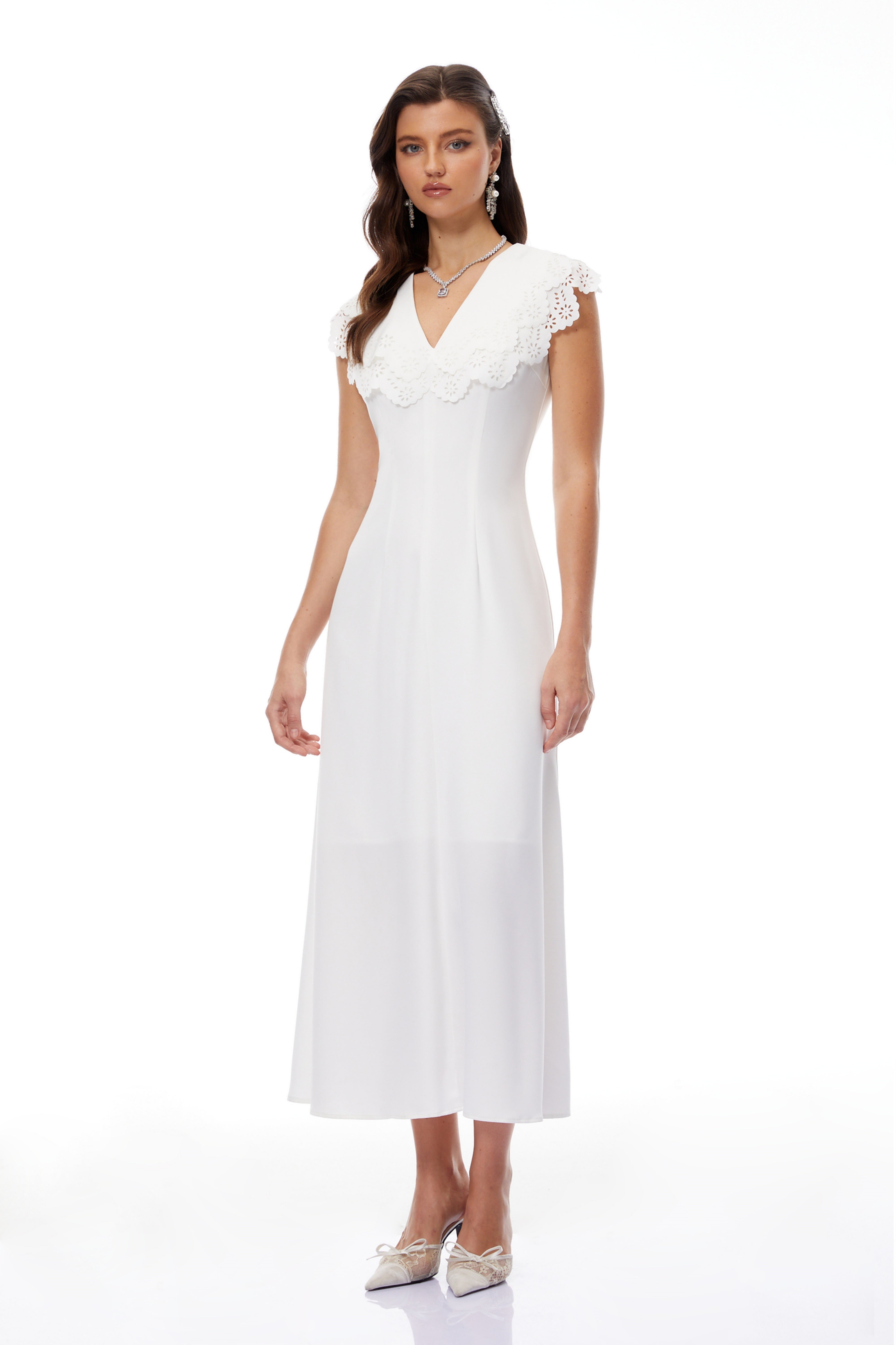 Ashley White Lace Trim Midi Dress