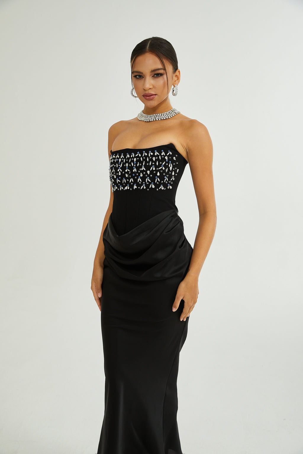 Glamorous Crystal Rose Embellished Black Strapless Maxi Gown main image 1