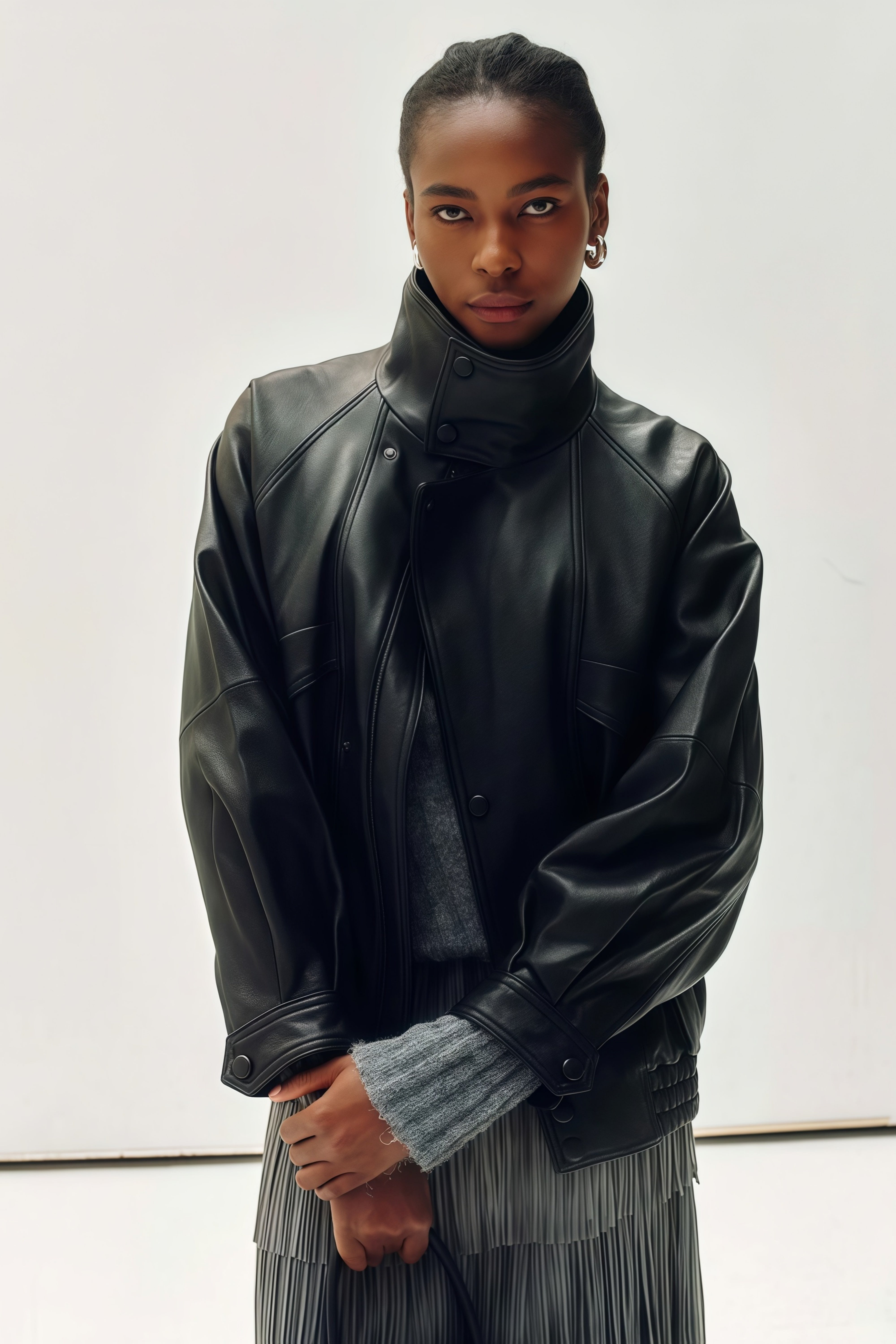 سترة جلدية ذات ياقة قائمة باللون الأسود الفاتح