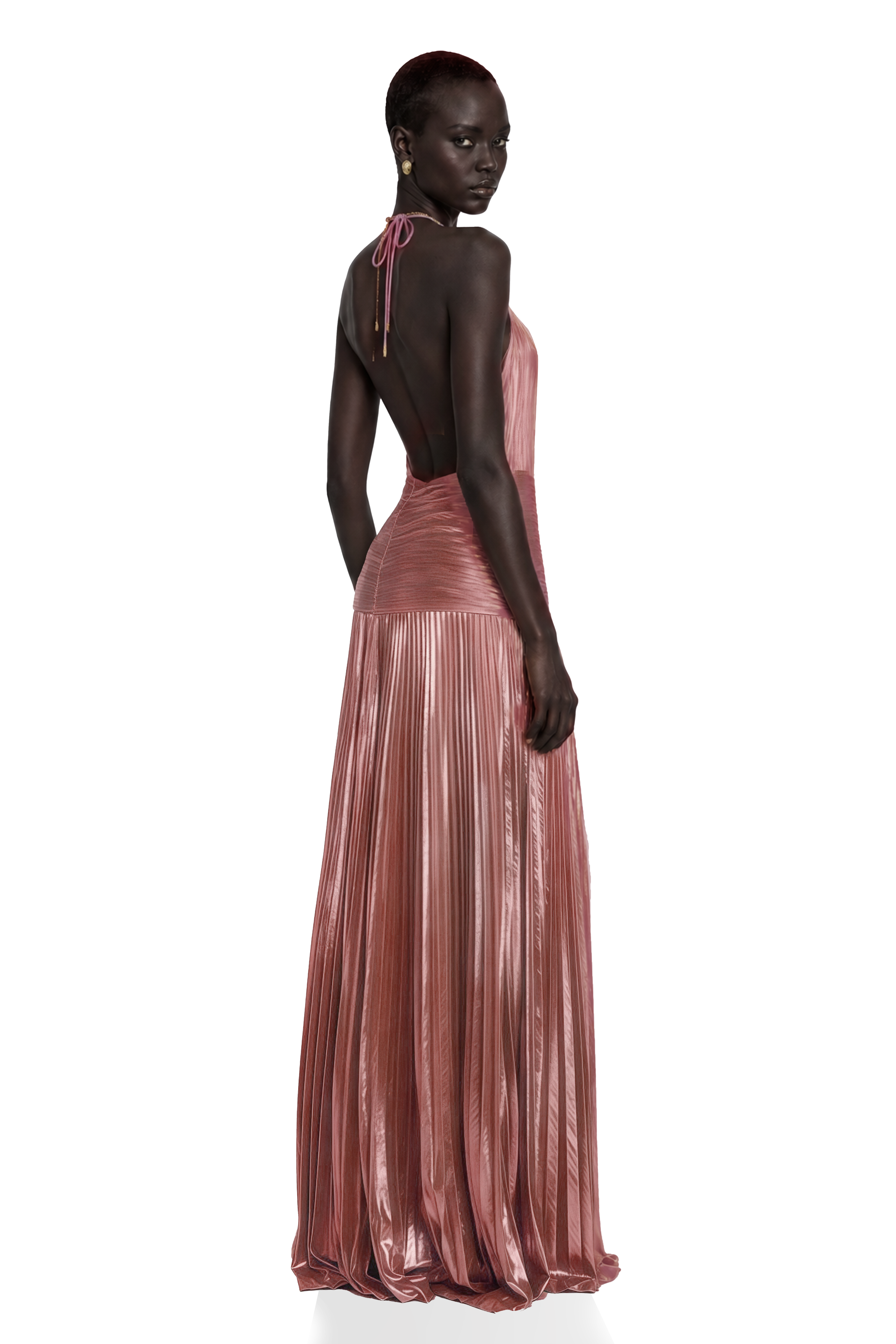 Alchimie Pink Glossy Pleated Maxi Dress