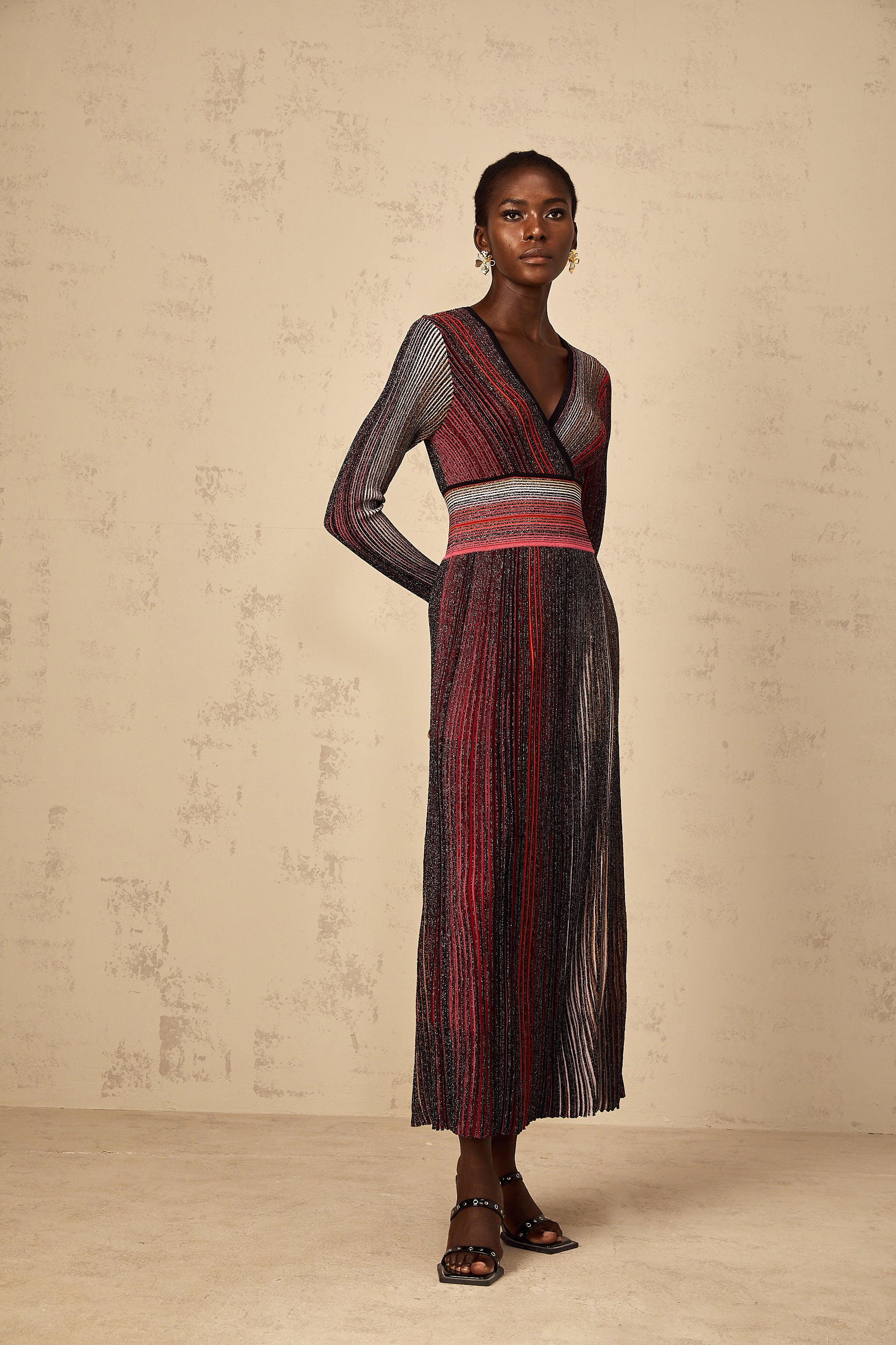 Amaryllis Red Long Sleeve Sequin Striped Knit Maxi Dress