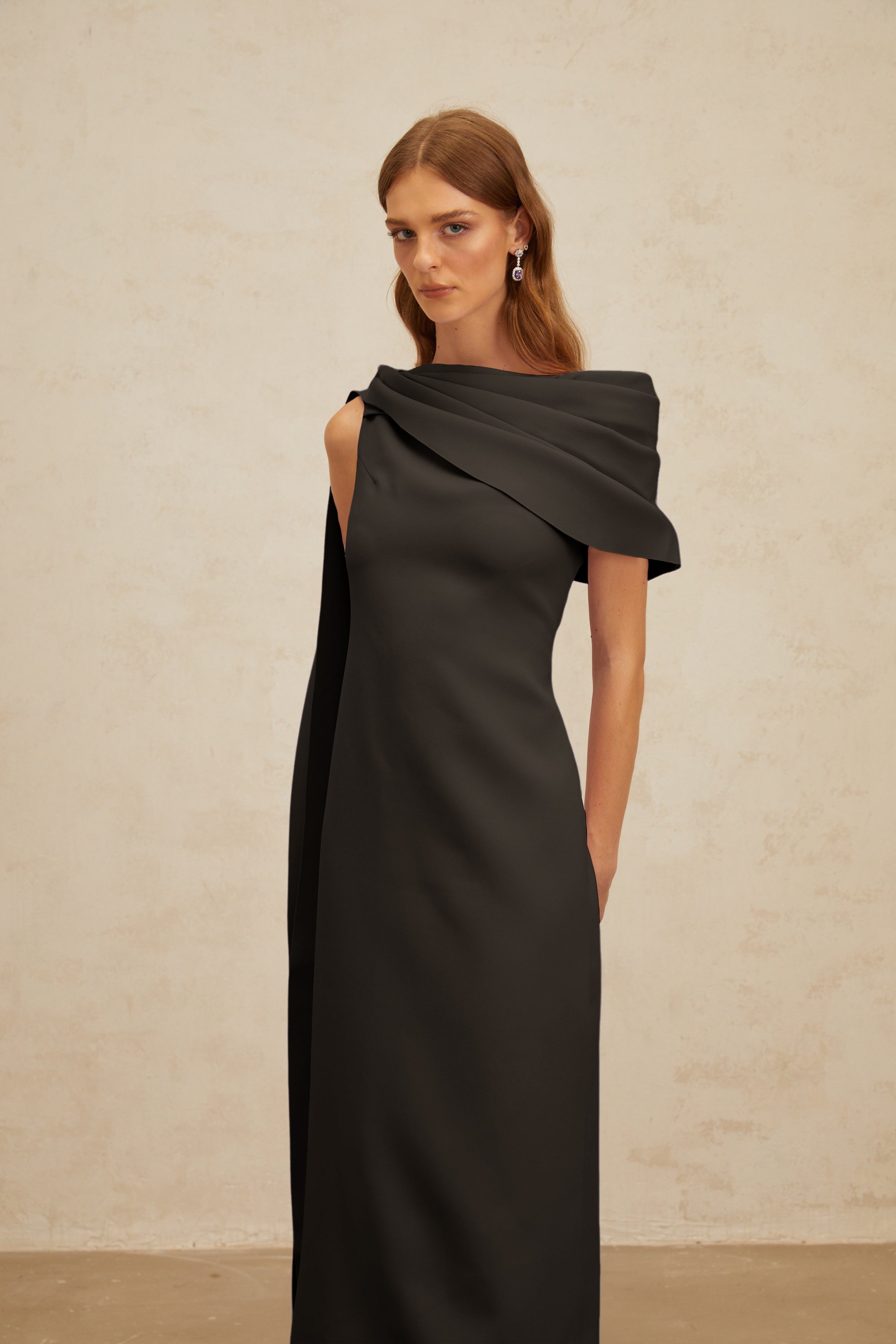 Annabelle Black Cape-Design Ribbon Maxi Dress
