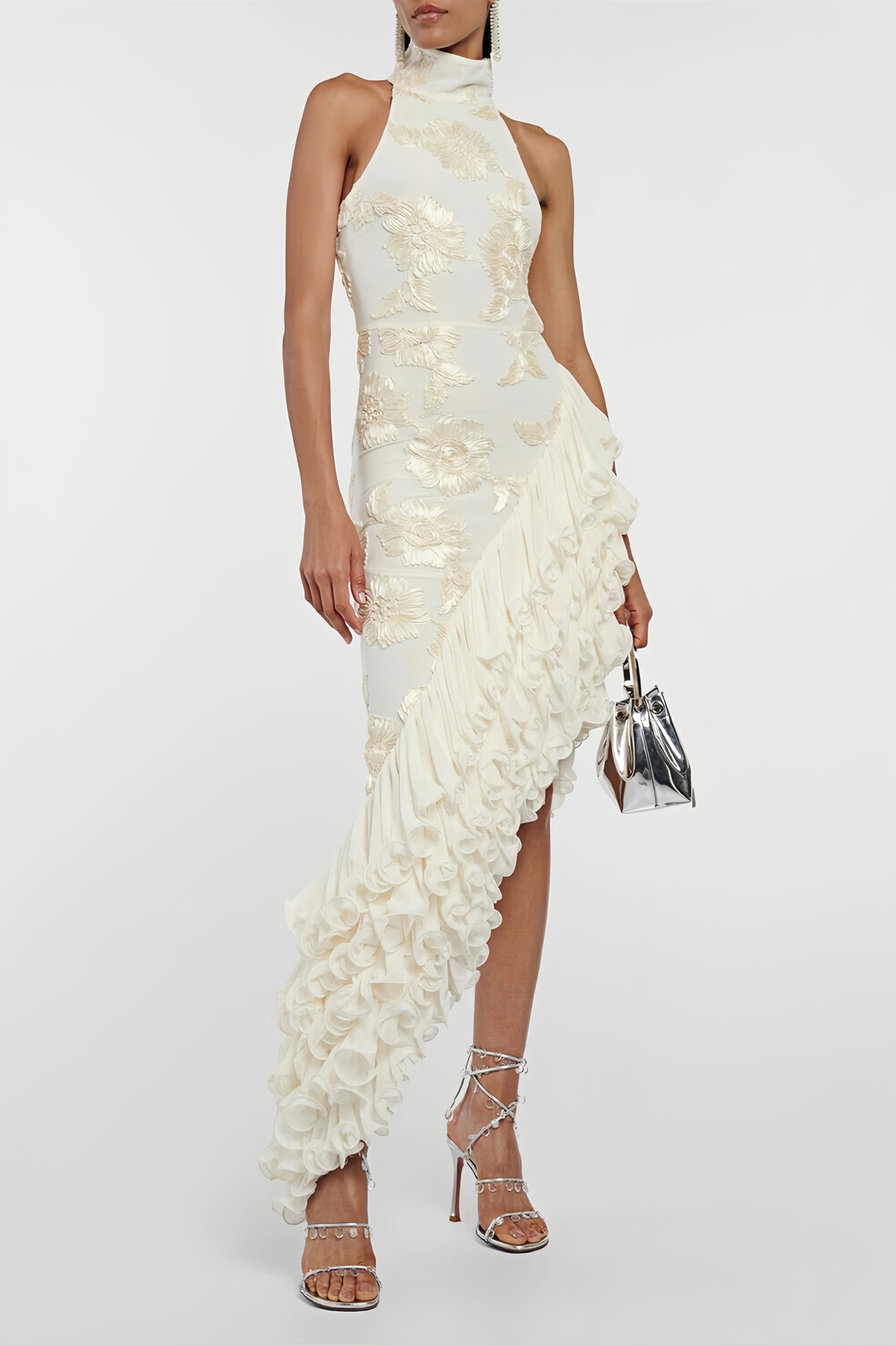 Théoline Neutral Asymmetrical Ruffled Floral Midi Dress