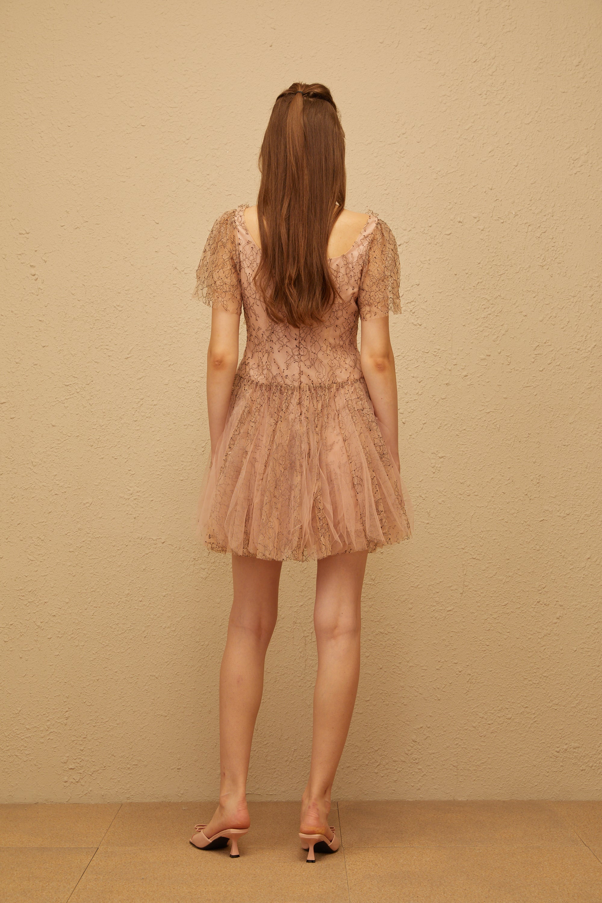 Gaëtane Brown Tulle Panel Lace Mini Dress