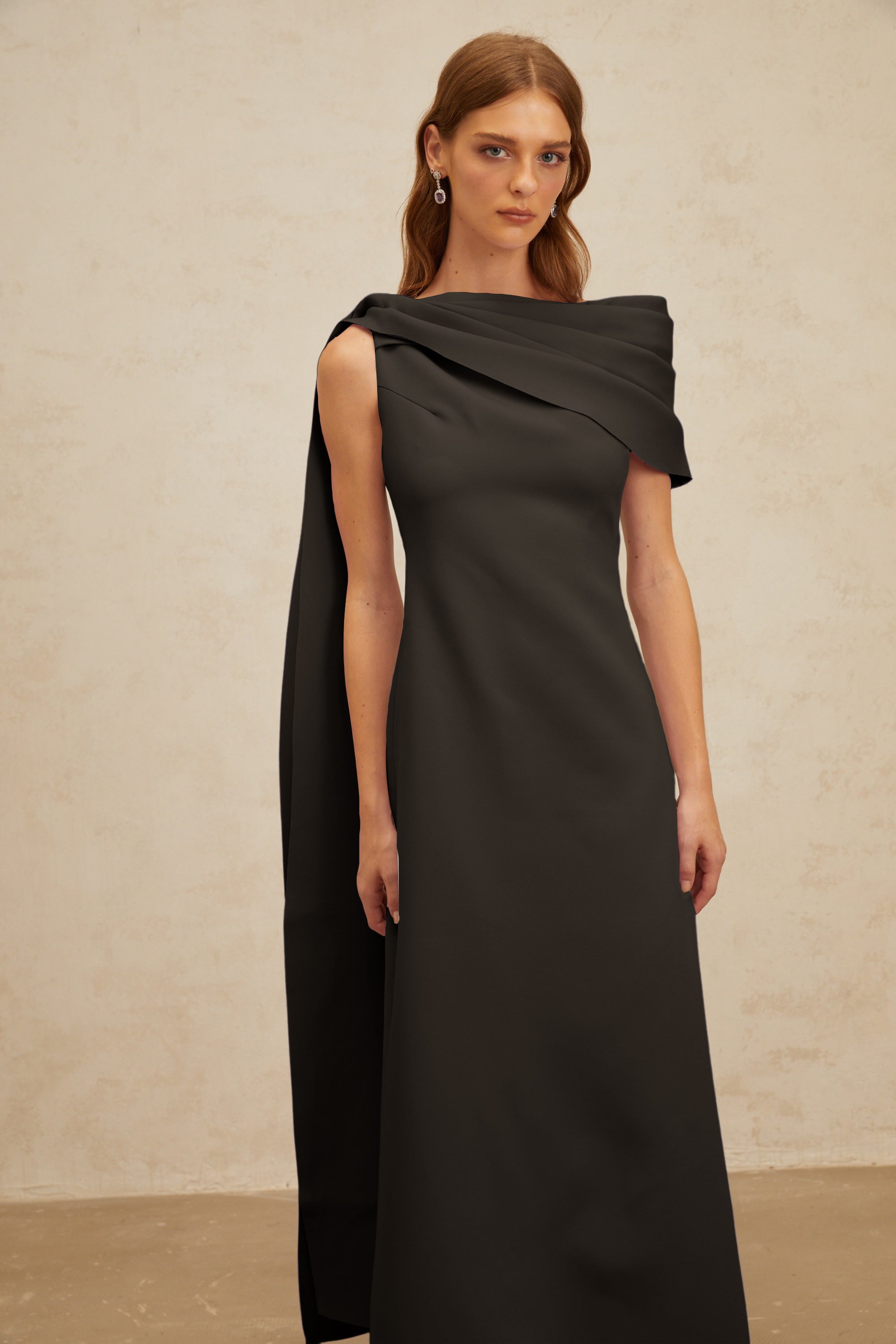 Annabelle Black Cape-Design Ribbon Maxi Dress