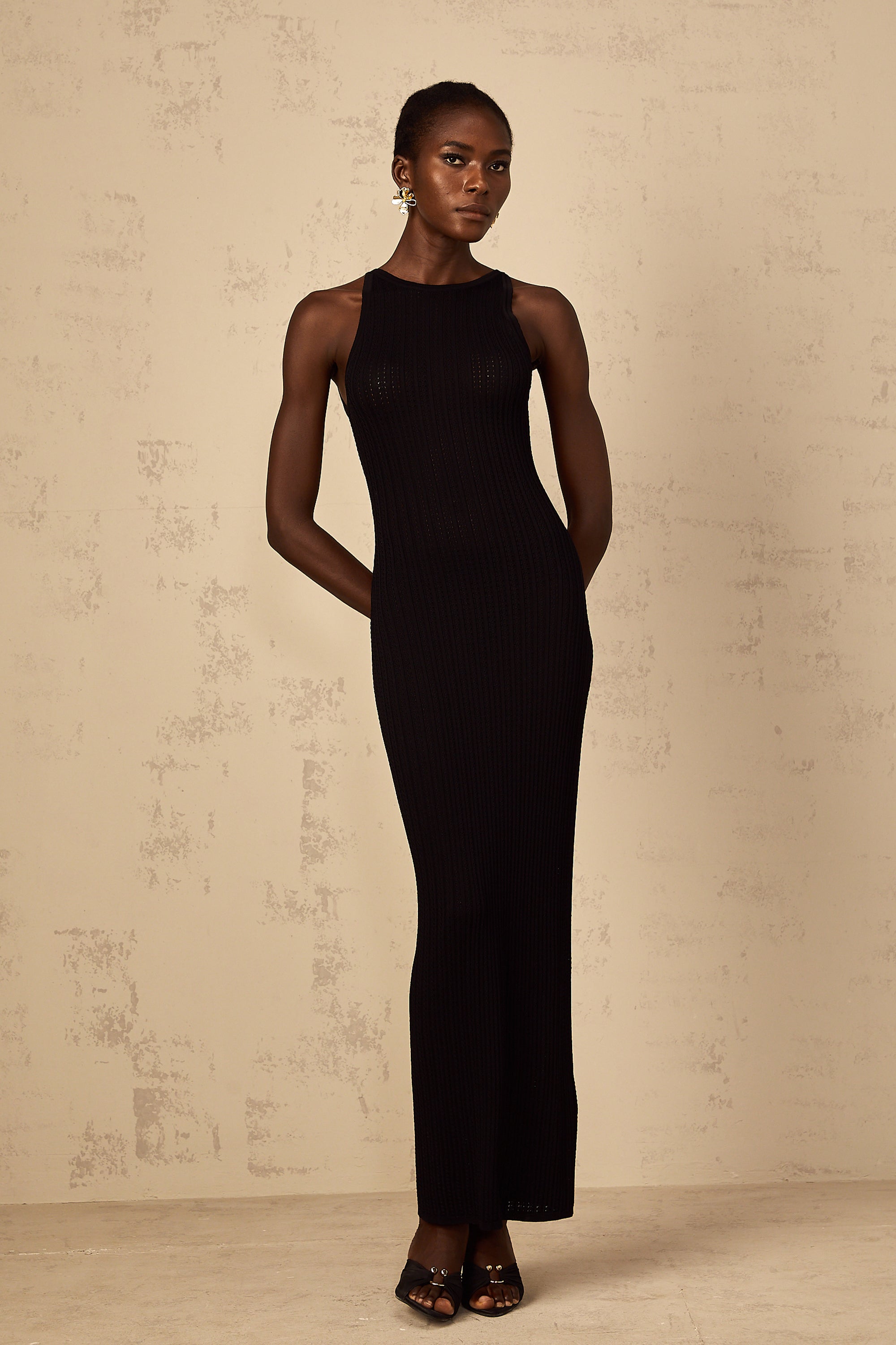 Déotille black fitted ribbed-knit maxi dress