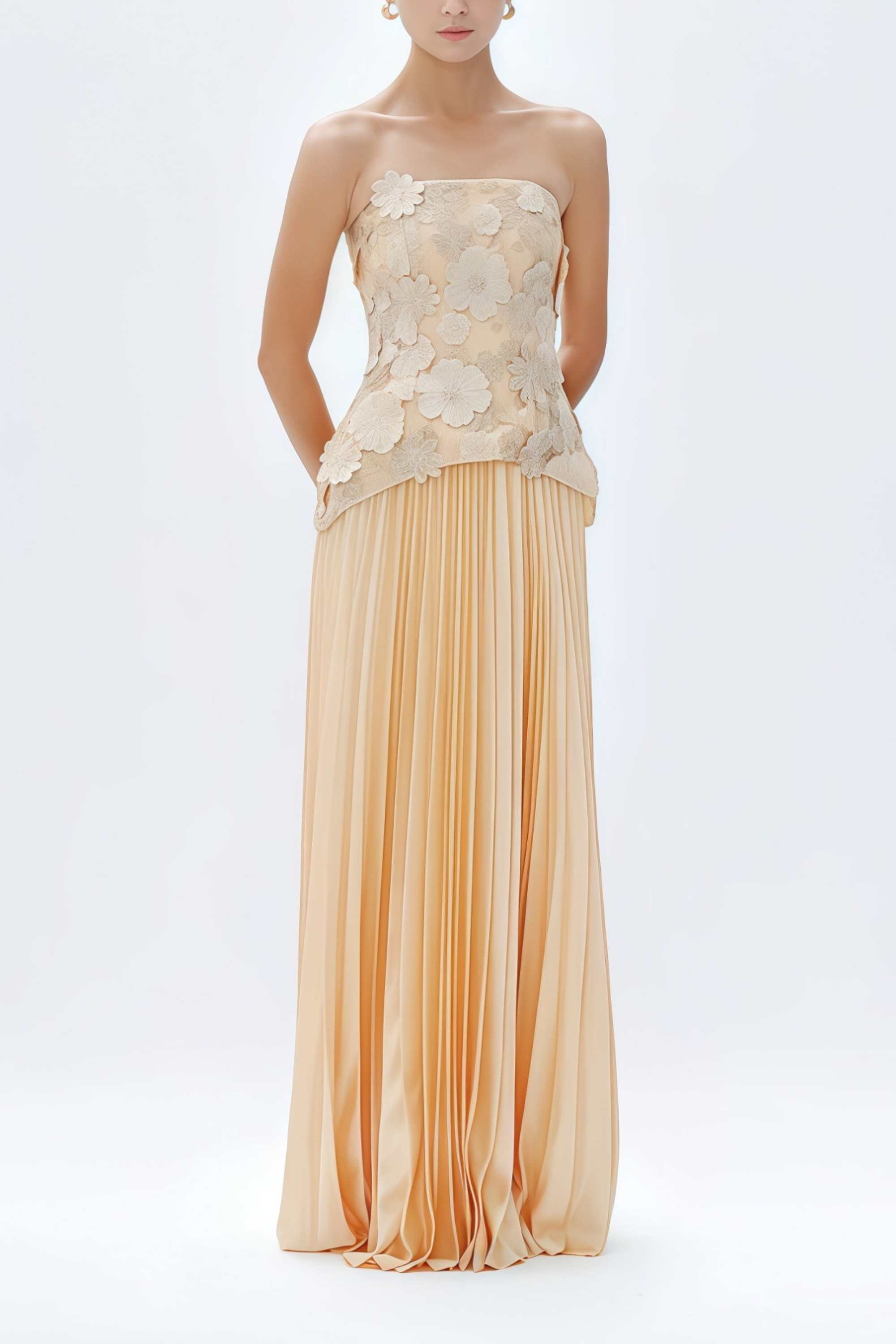 طقم أورسولا بلوزة وتنورة مطوية مزينة بالزهور باللون الأصفر