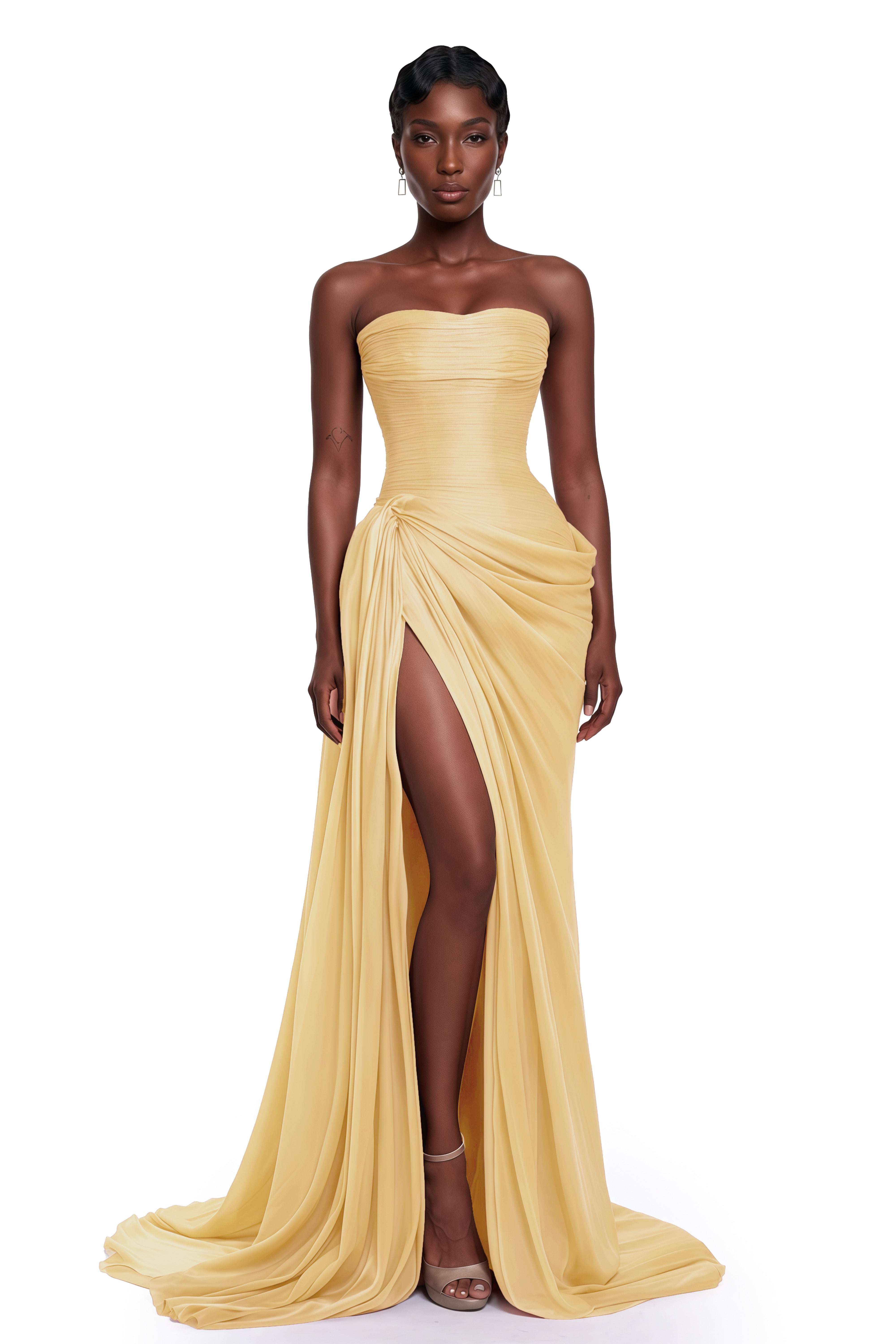 Querubina Yellow Asymmetrical Ruched Maxi Dress
