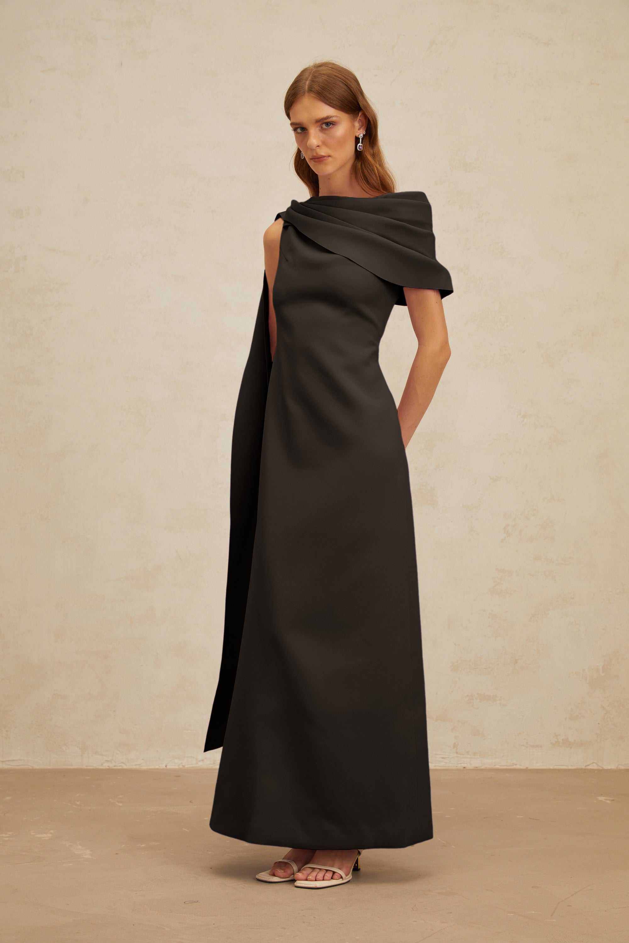 Annabelle Black Cape-Design Ribbon Maxi Dress
