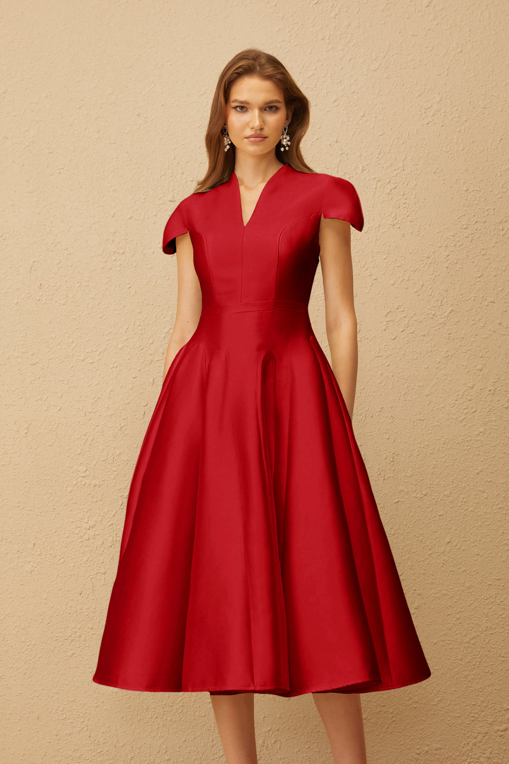 Aventin Red Godet Design Midi Dress