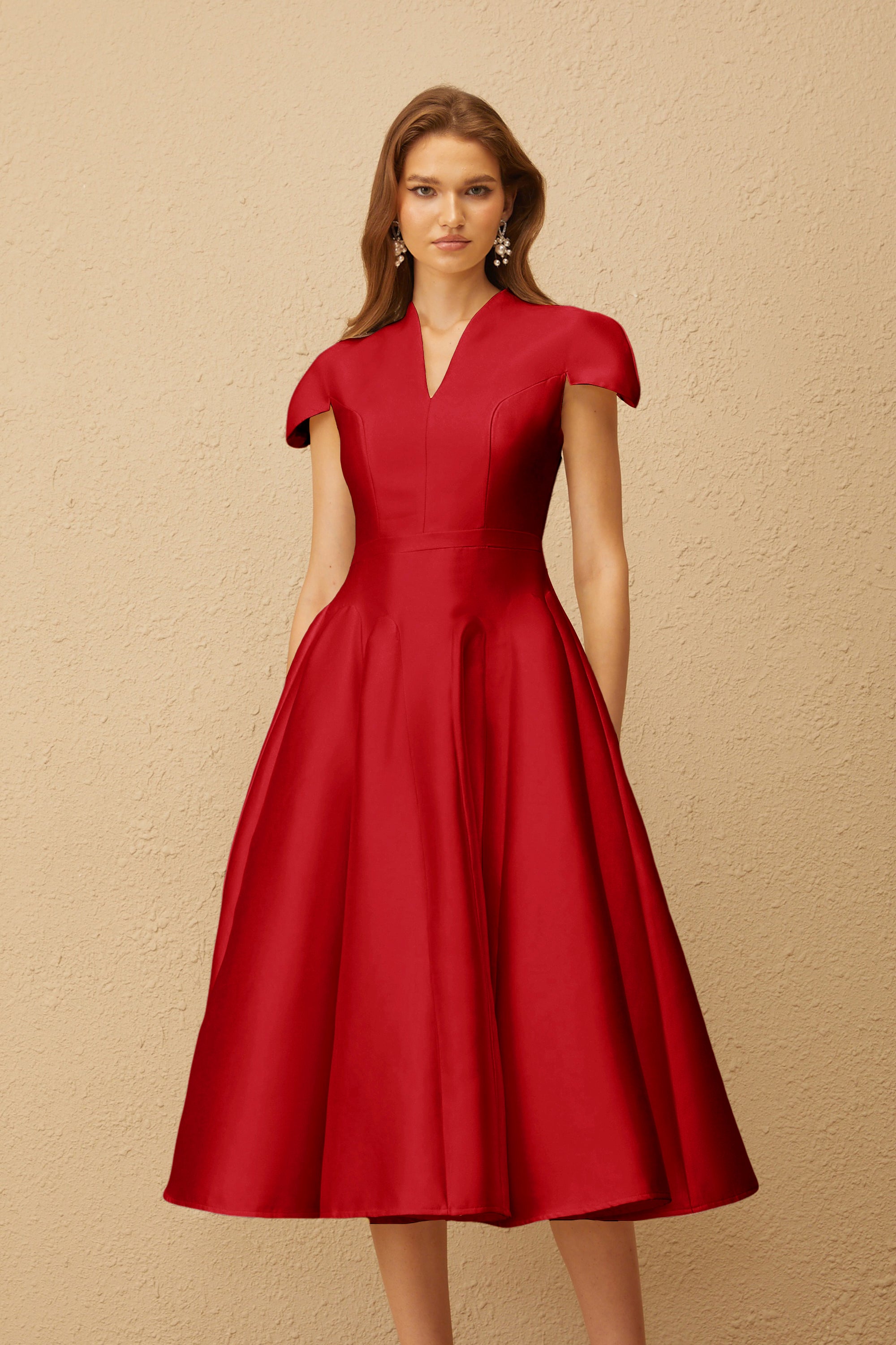Aventin Red Godet Design Midi Dress