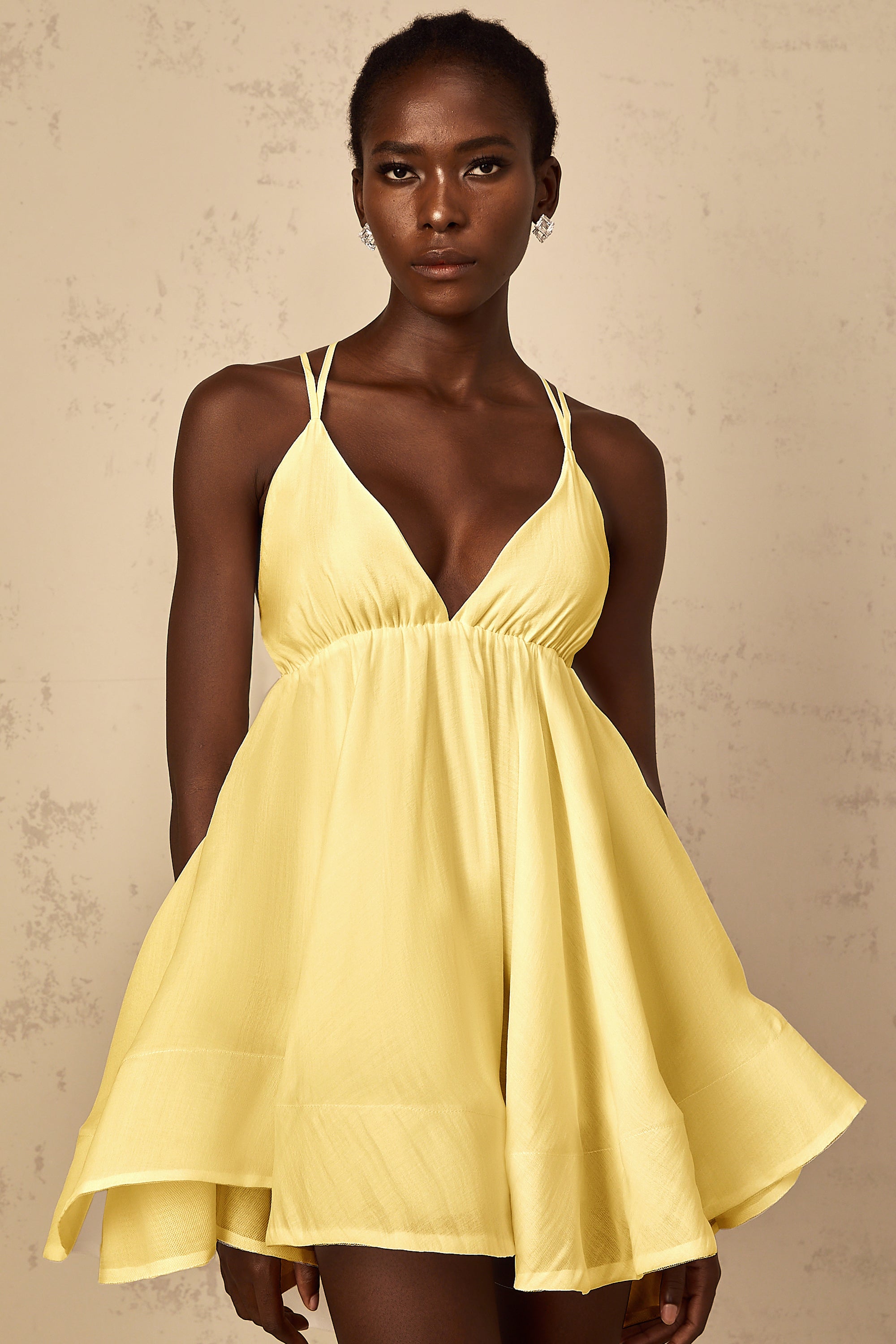 Quincie Yellow Shirred Flounced Mini Dress