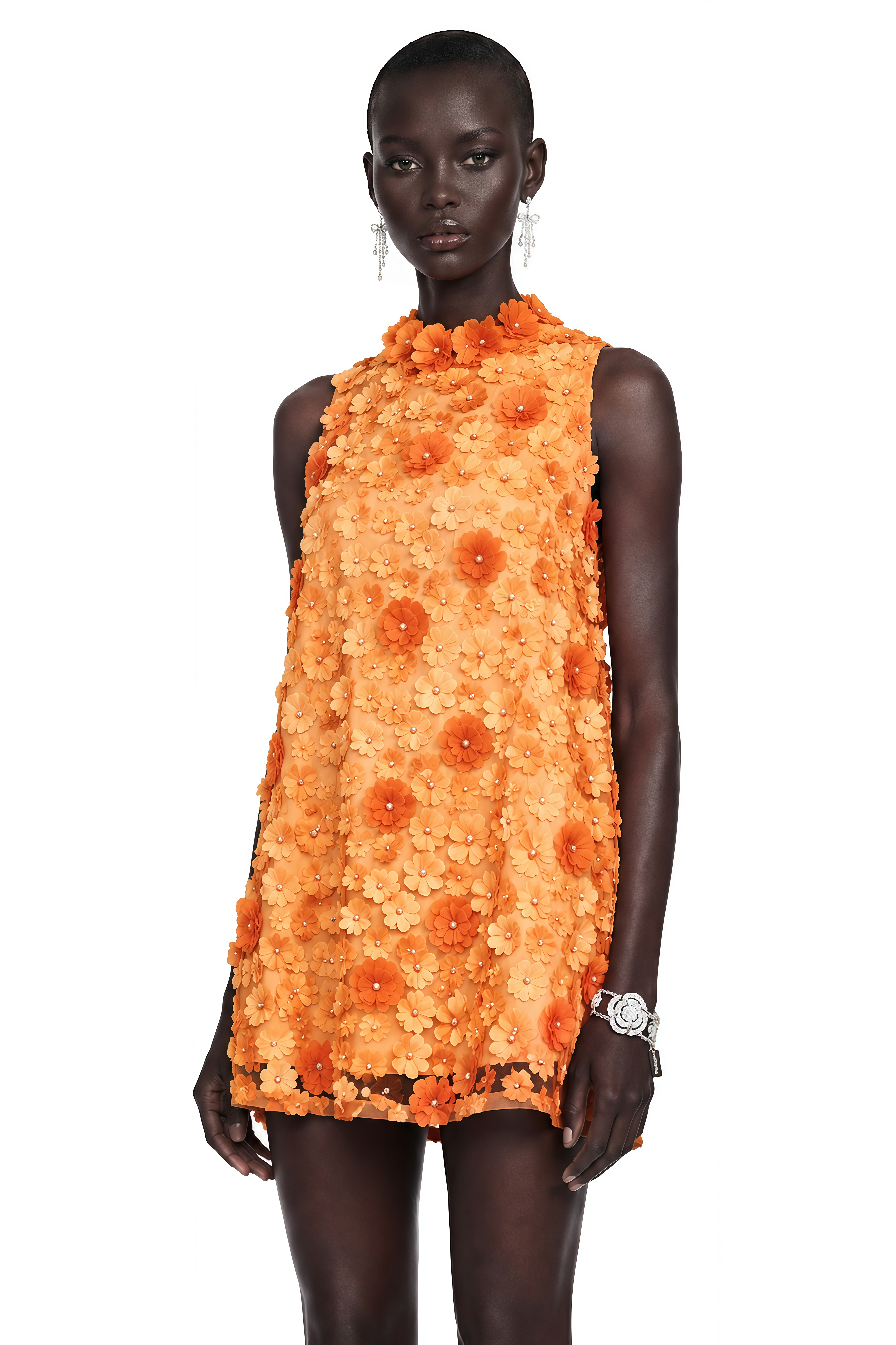 Orphée Orange Faux-Flower Mini Dress