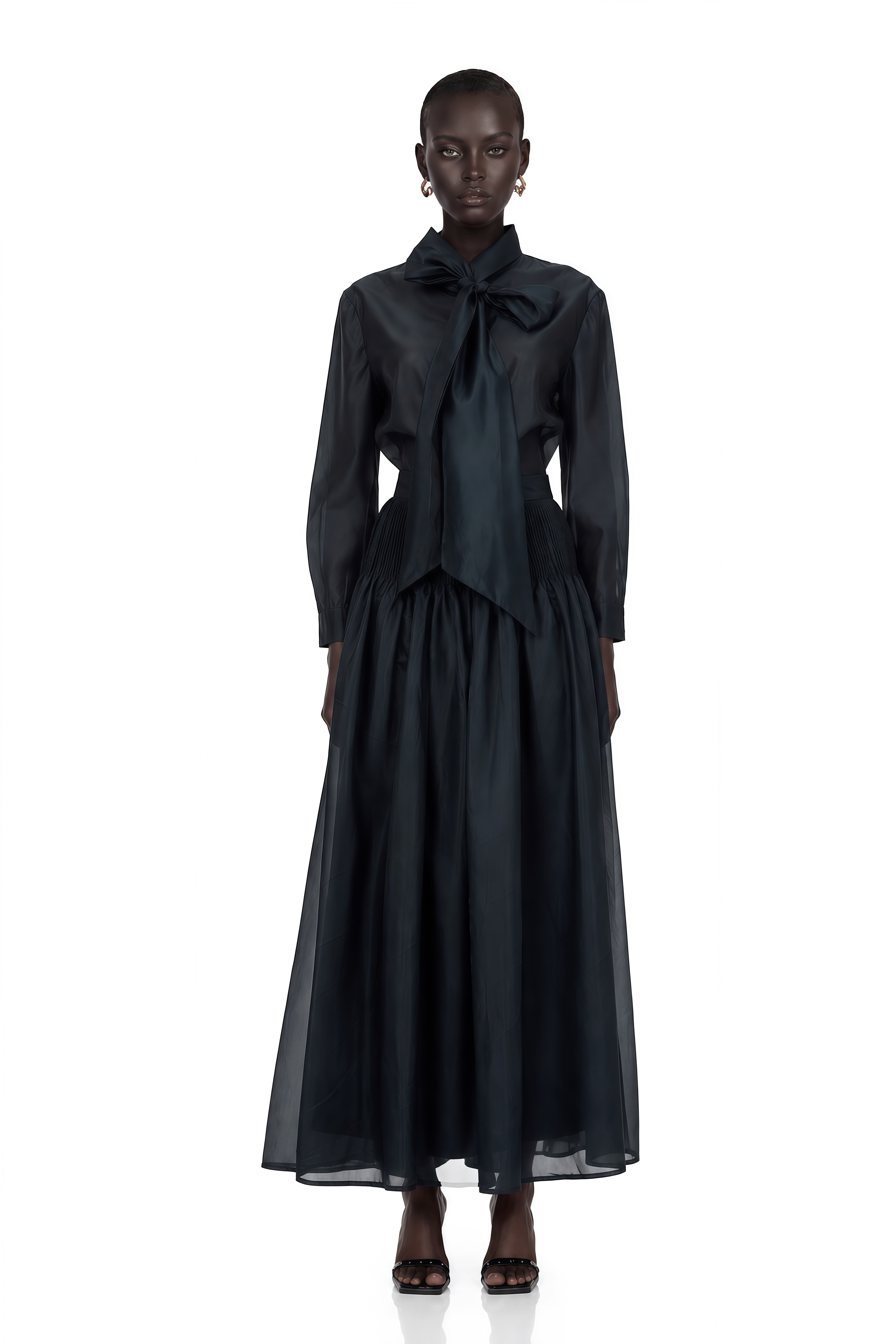 Zoé Dark-Green Ribbon Tie-Neck Shirt & Skirt Matching Set