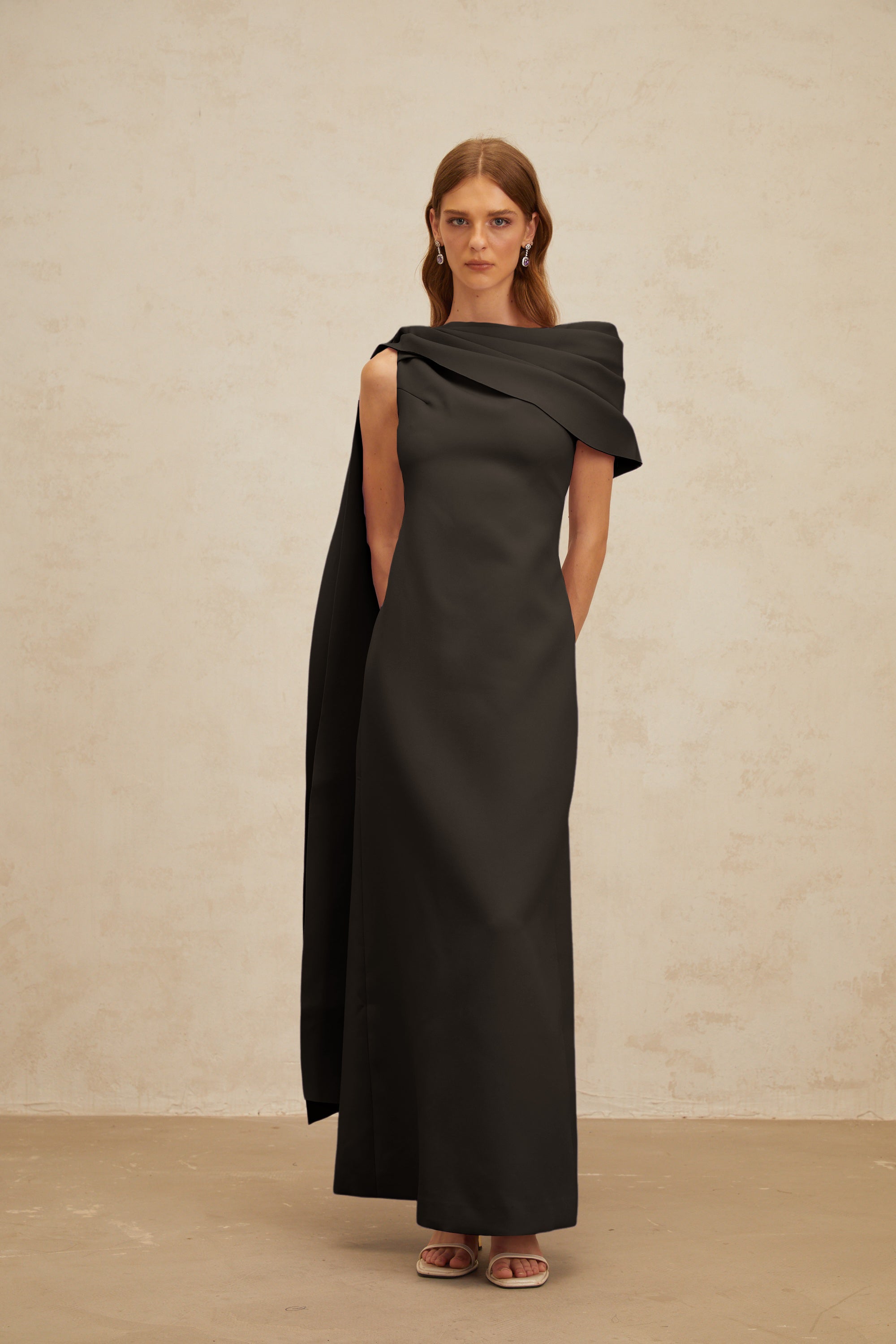 Annabelle Black Cape-Design Ribbon Maxi Dress