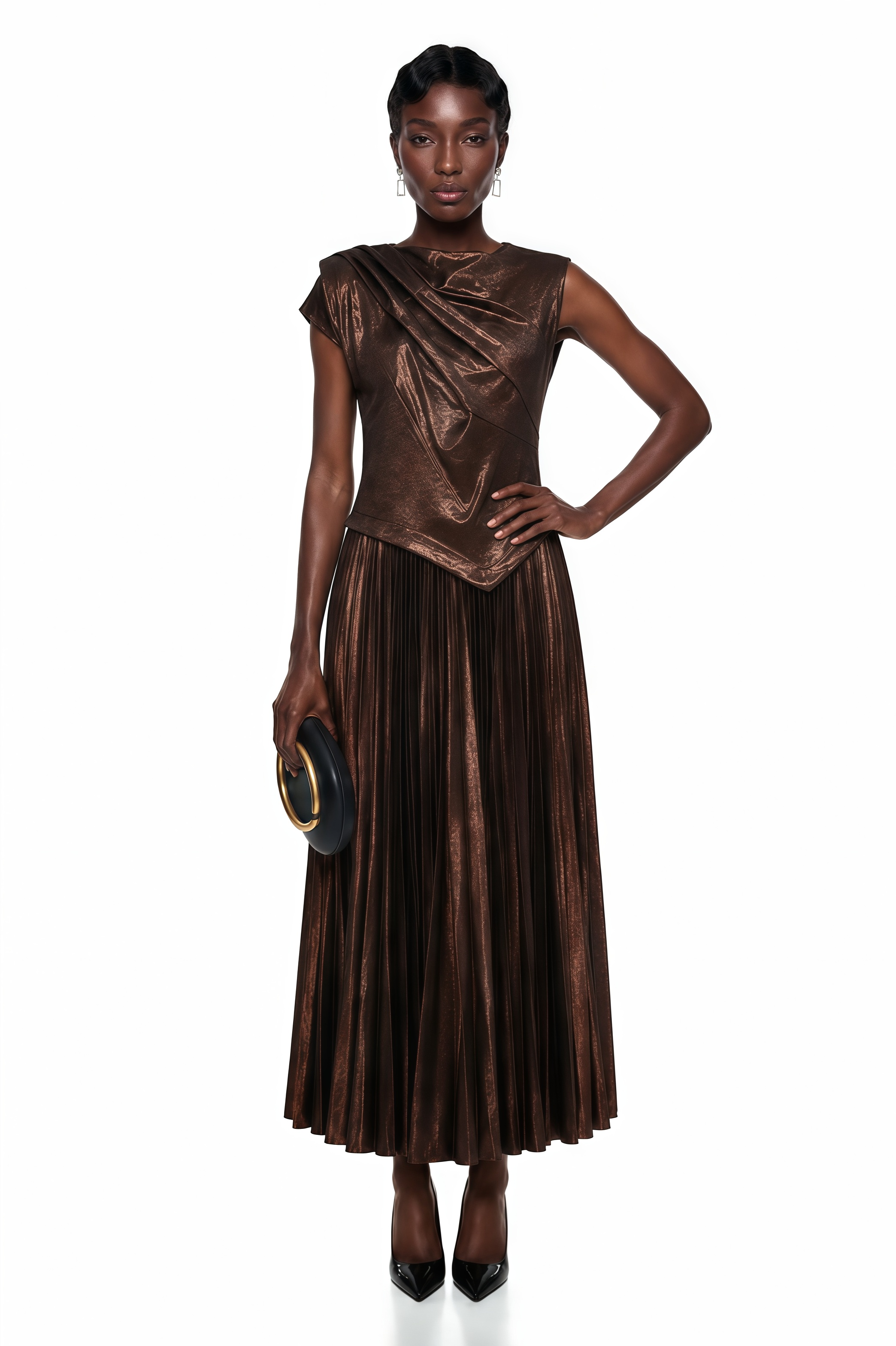 Robe longue plissée asymétrique Jacinta, couleur chocolat
