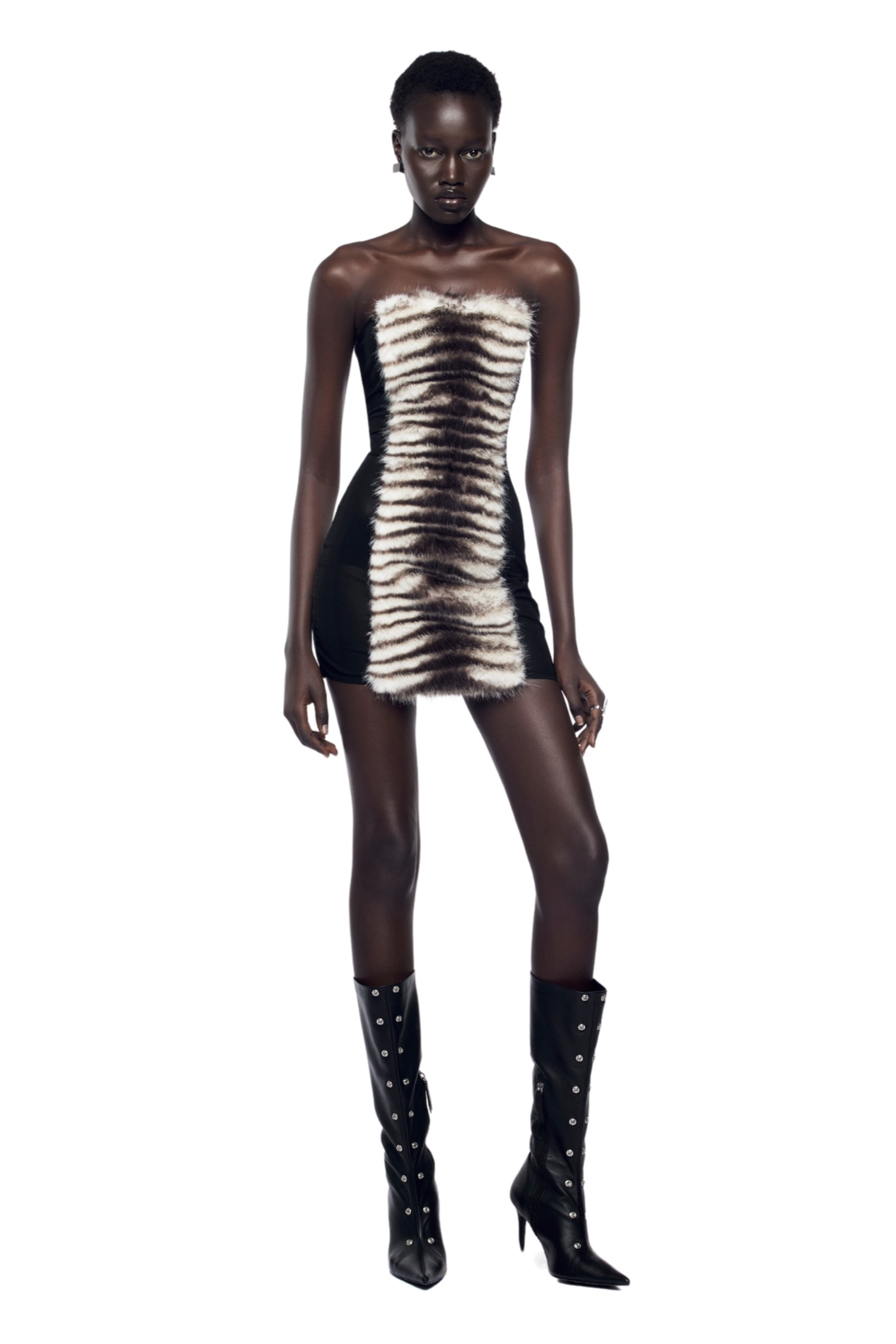 Janvier Schwarzes trägerloses Minikleid mit Pelzbesatz