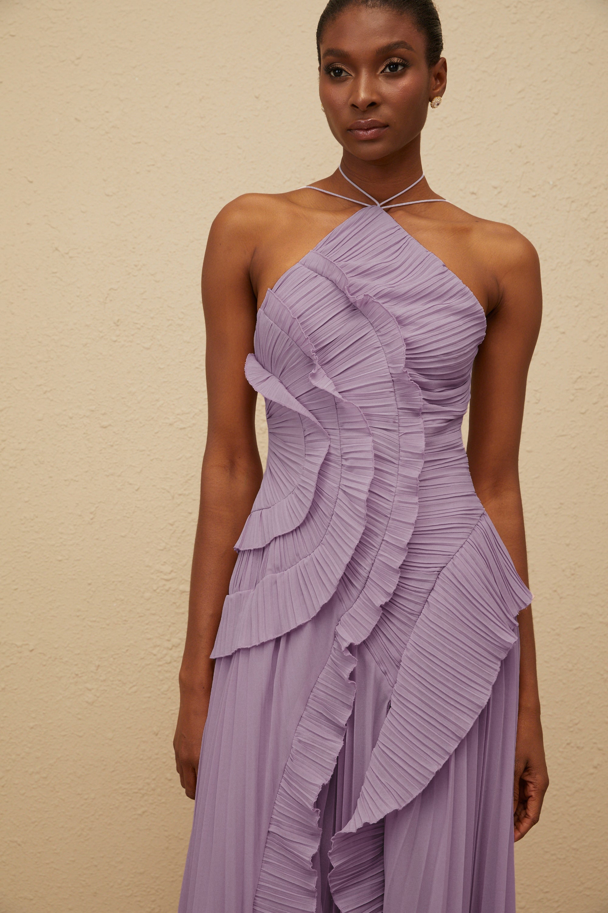 Doux Purple Ruffled Trim Pleated Midi Dress