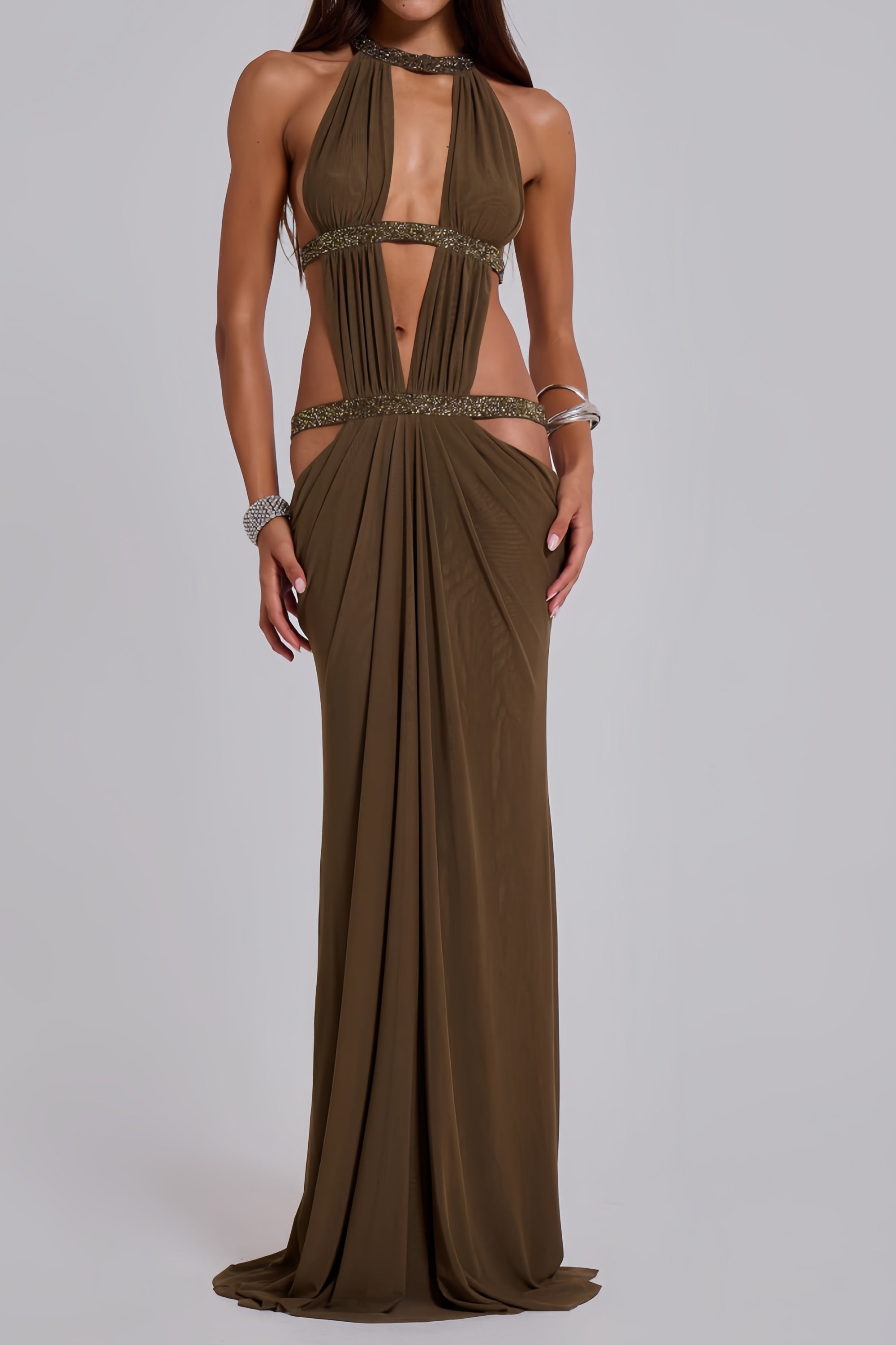 Maëlle Brown Maxikleid mit Cut-out und Raffungen