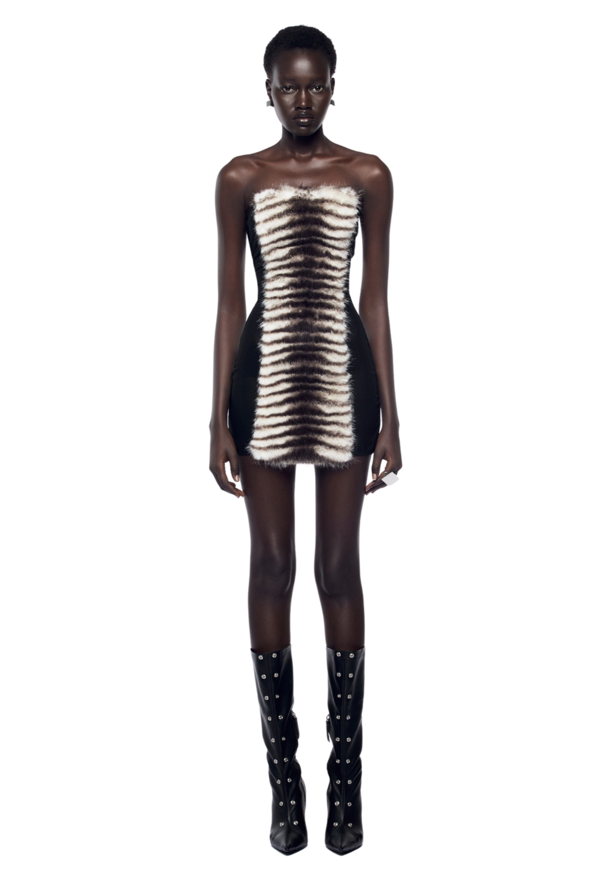 Janvier Schwarzes trägerloses Minikleid mit Pelzbesatz