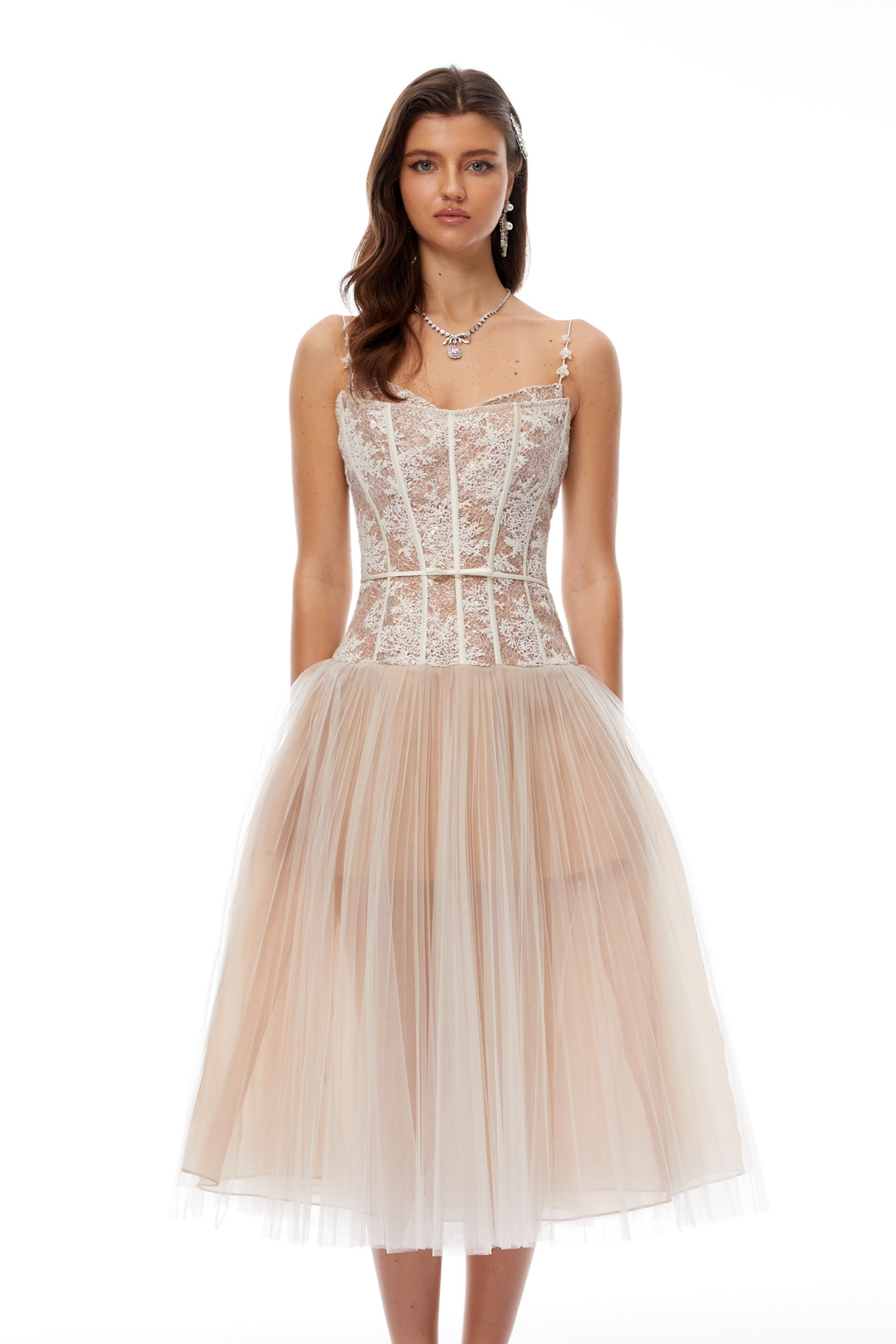 Mira Neutrals Lace Panel Tulle Midi Dress