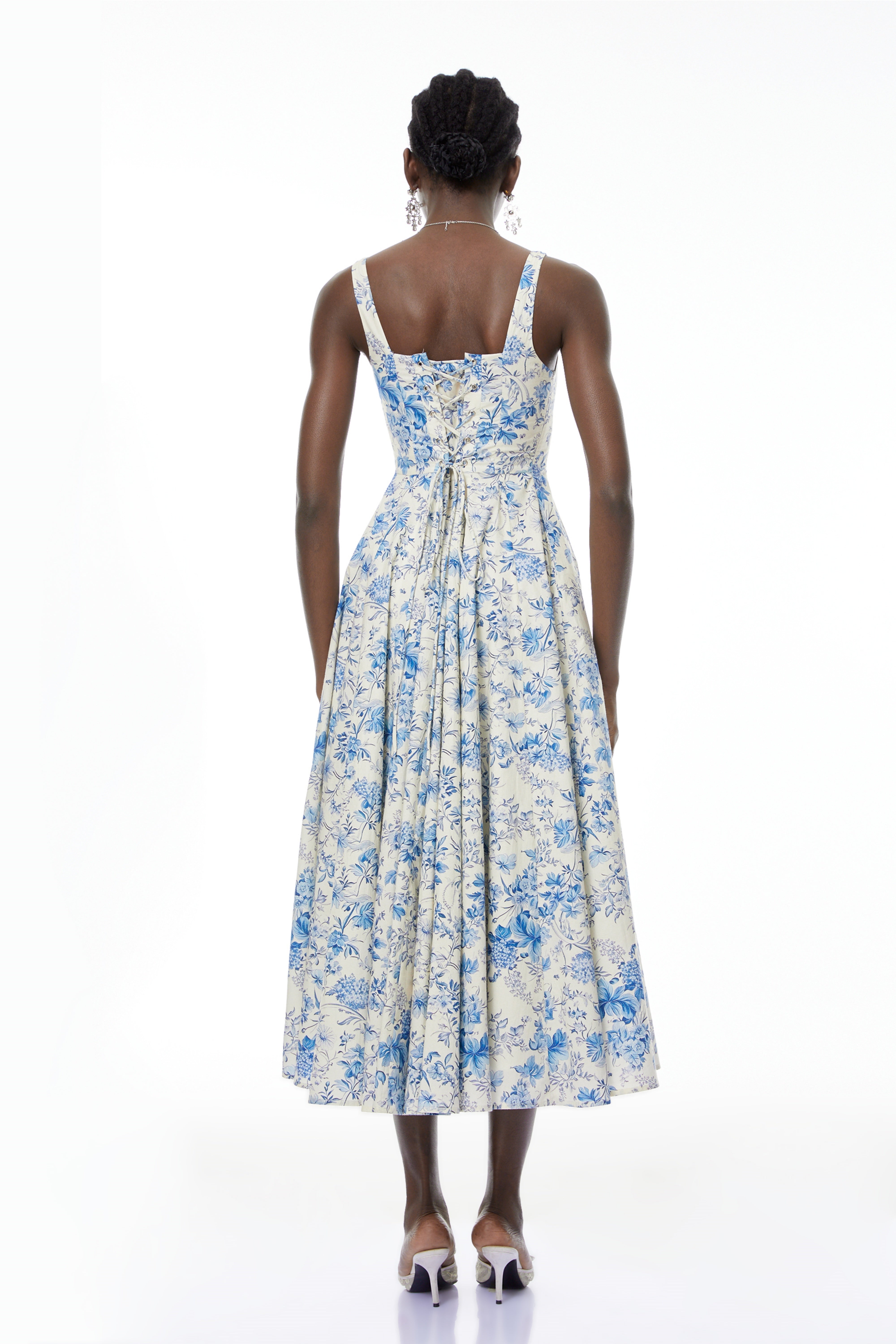 Adelheid Blue Floral Print Flared Midi Dress