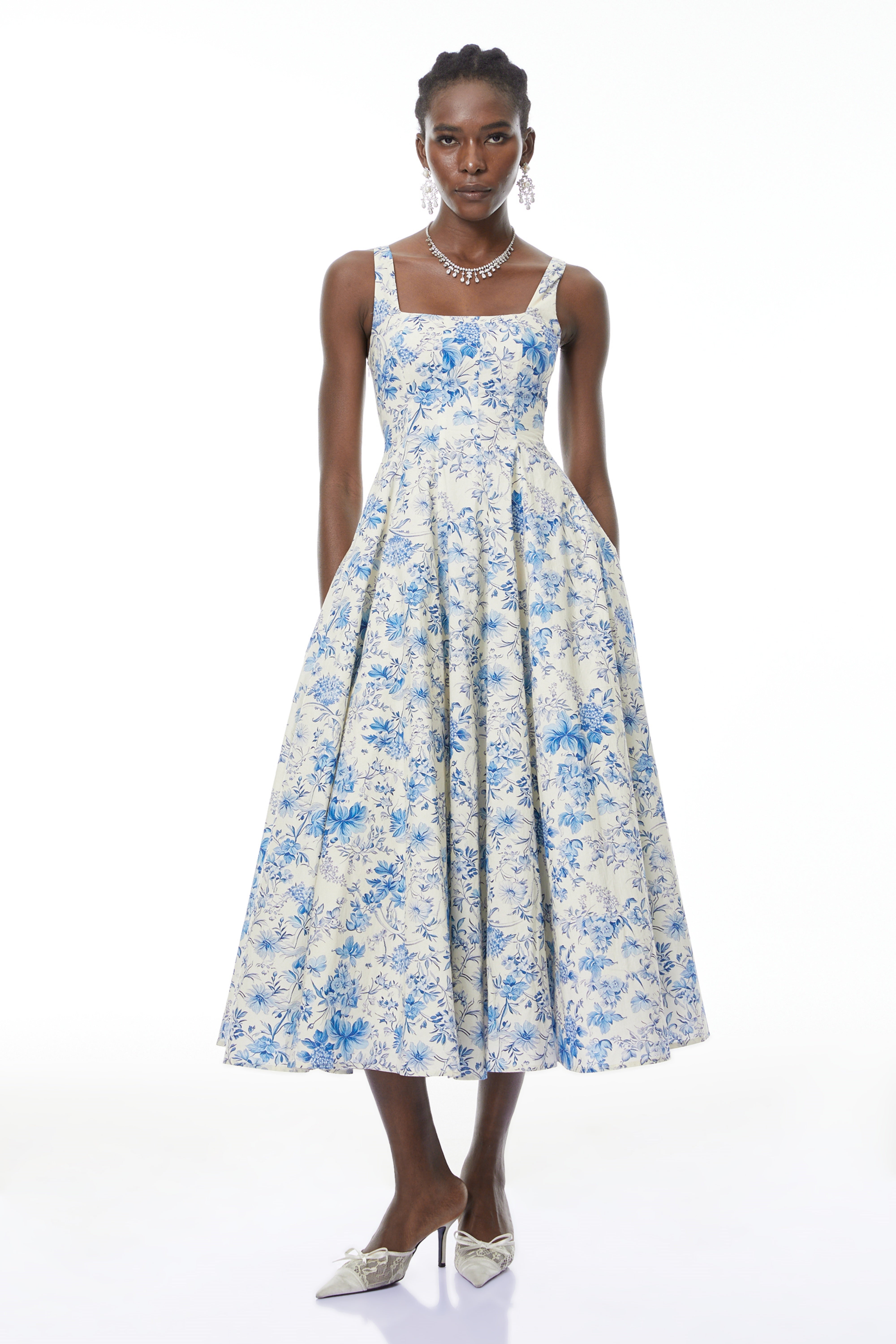 Adelheid Blue Floral Print Flared Midi Dress