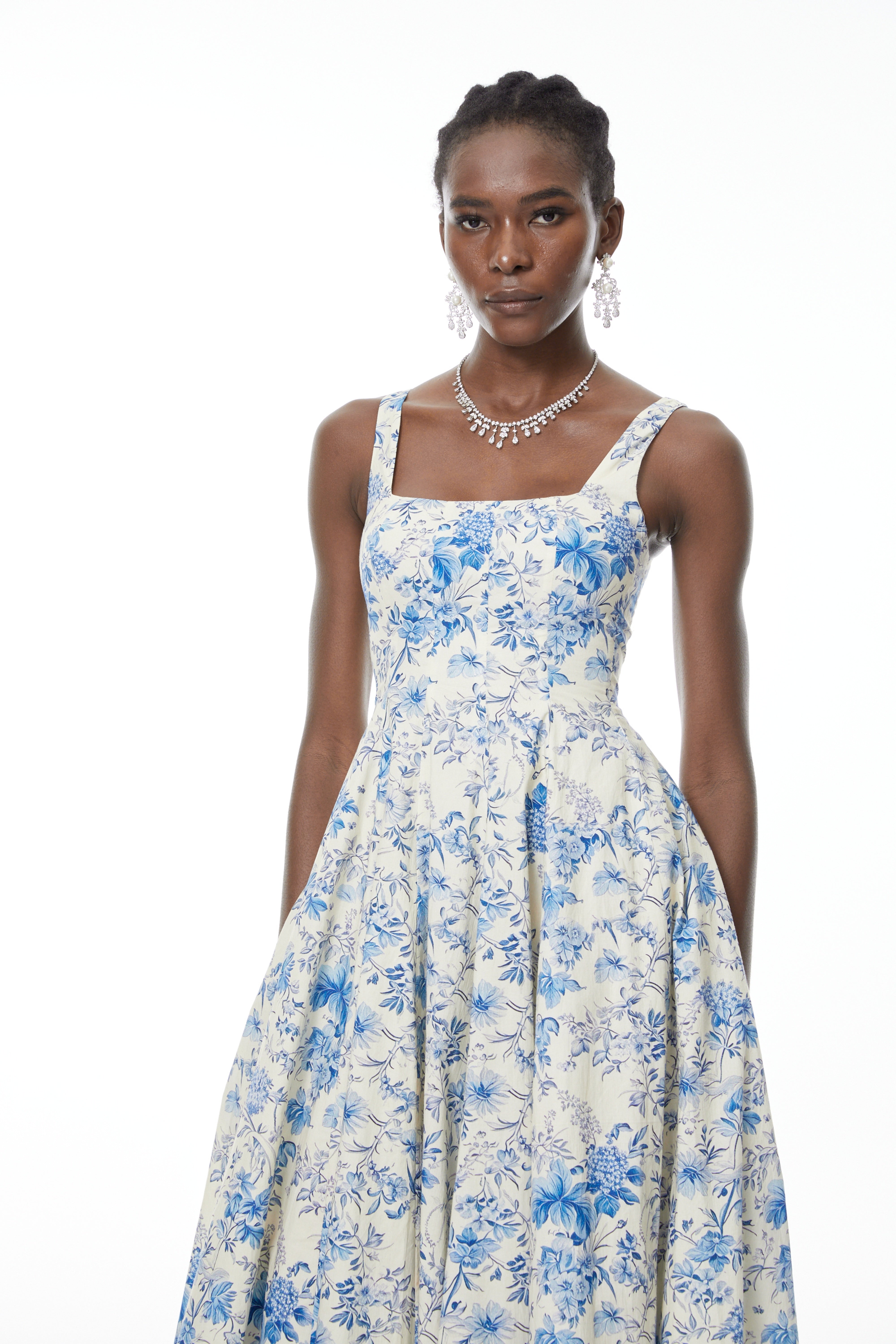 Adelheid Blue Floral Print Flared Midi Dress