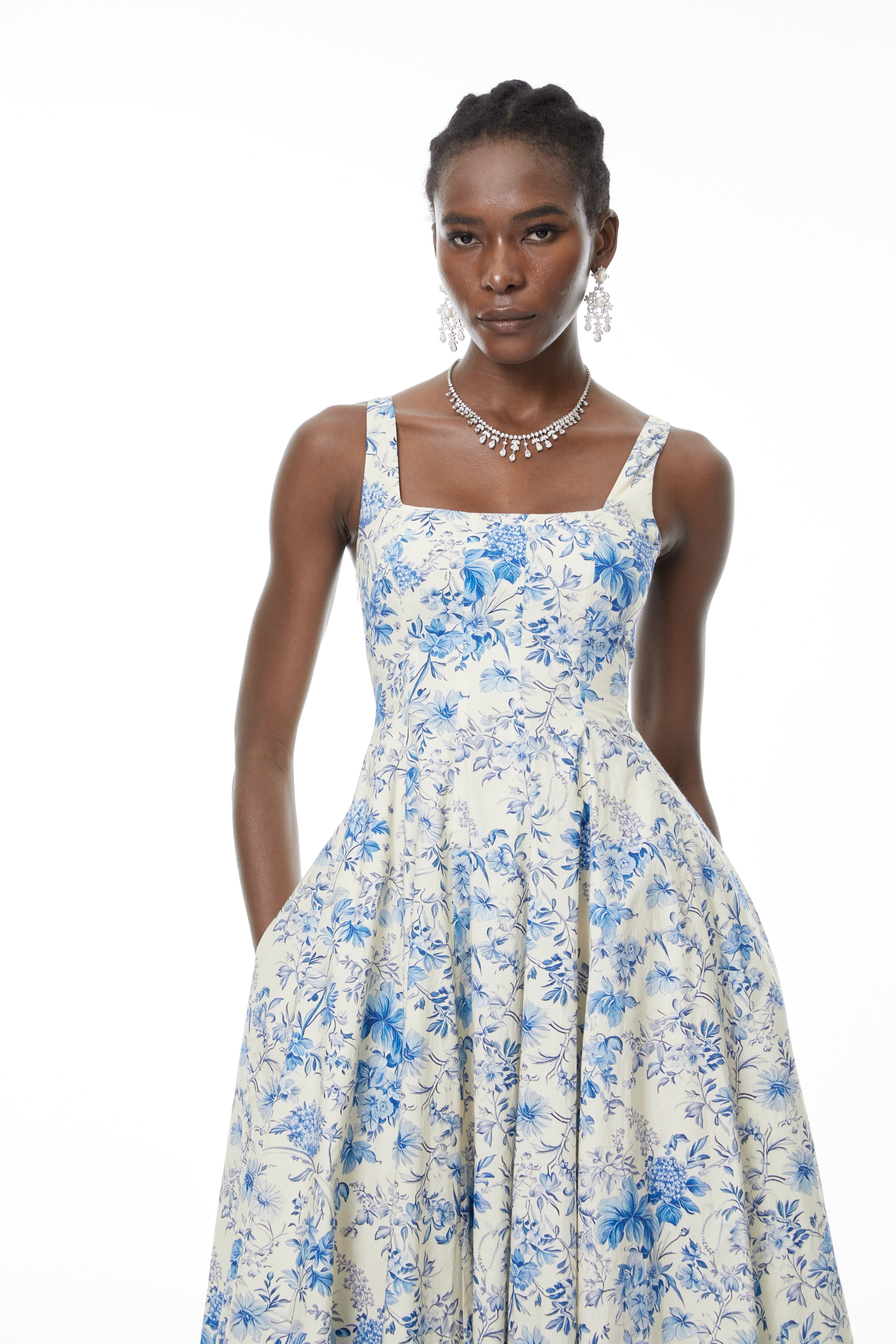 Adelheid Blue Floral Print Flared Midi Dress