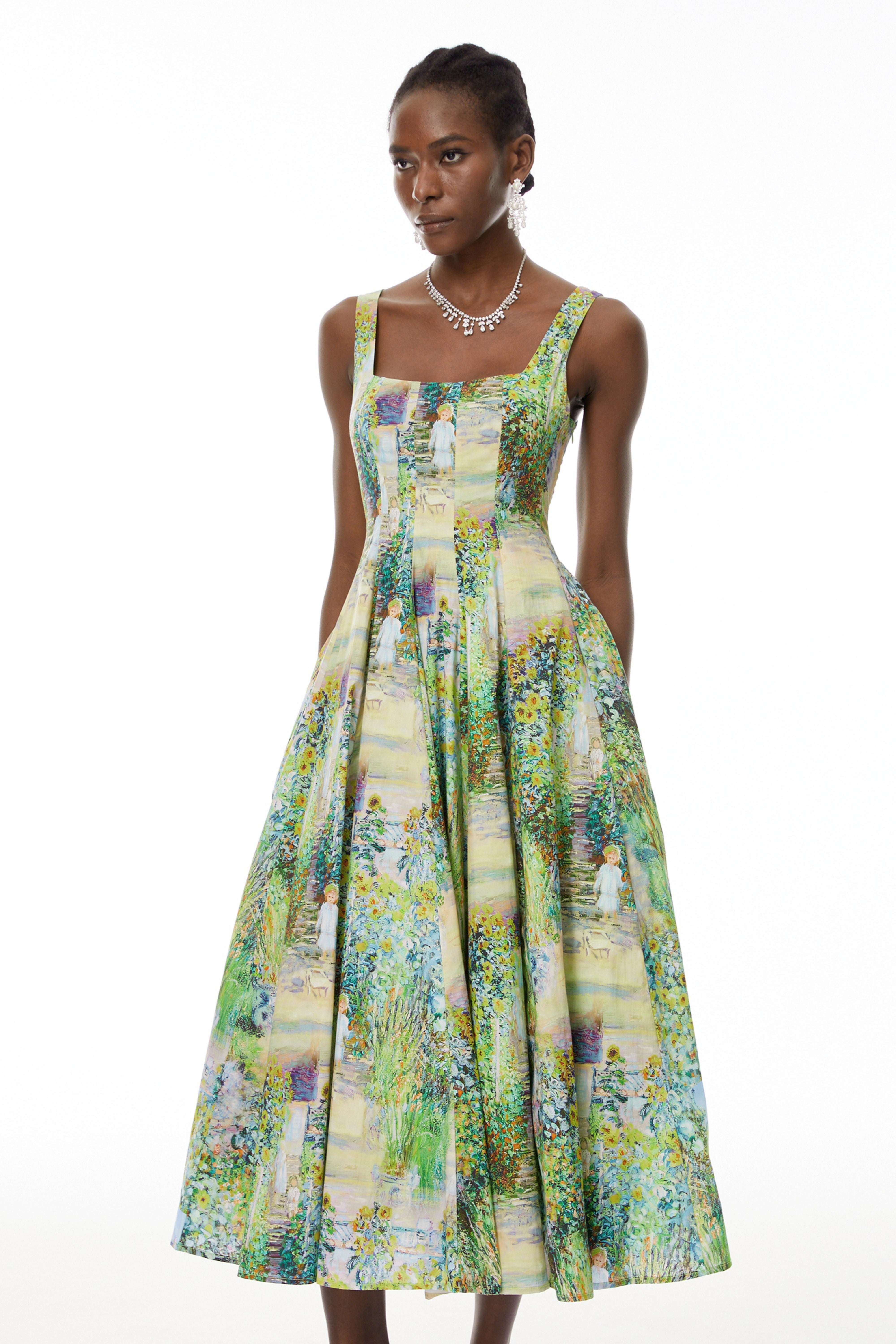 Adelheid Green Floral Print Flared Midi Dress
