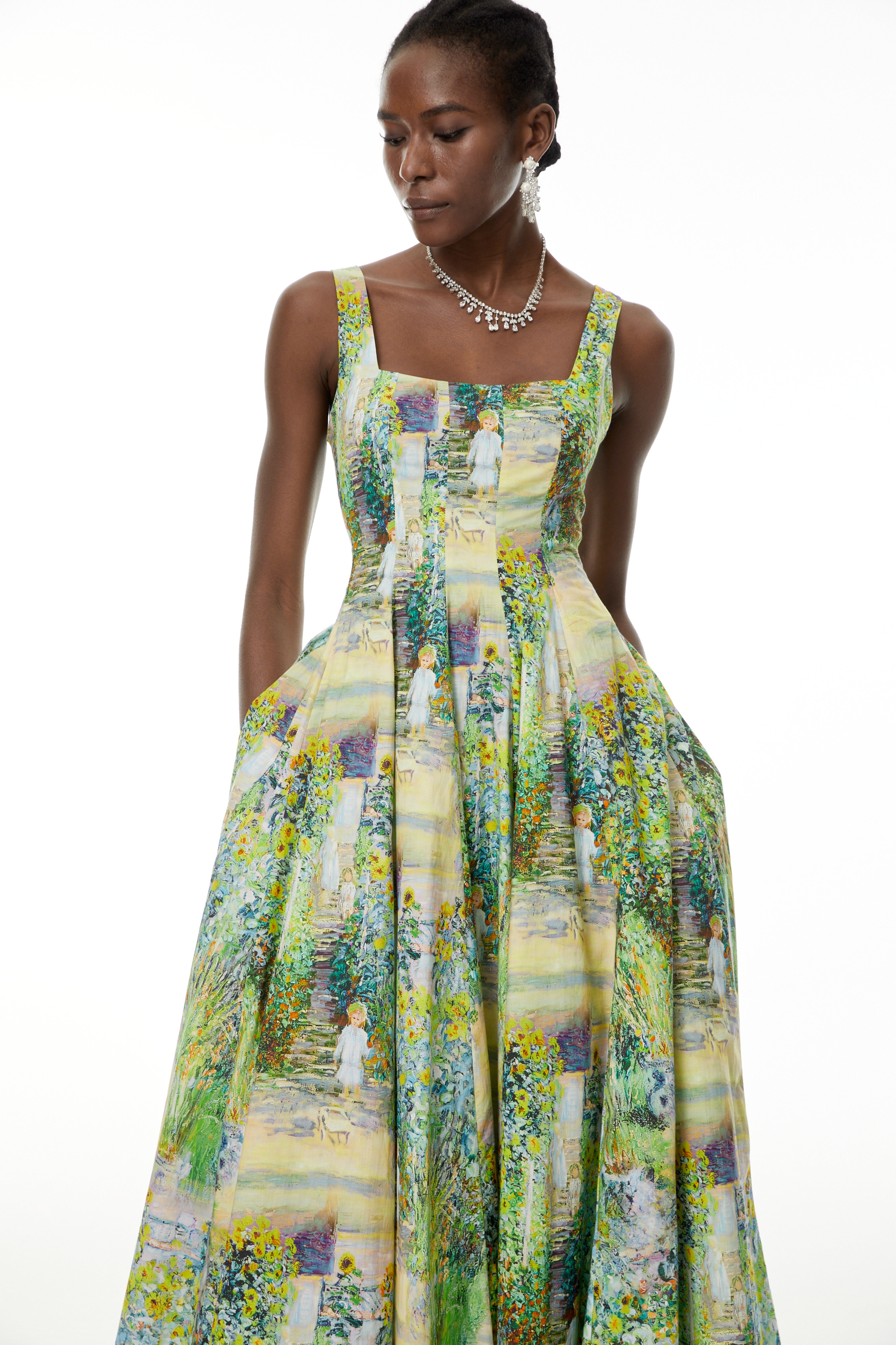 Adelheid Green Floral Print Flared Midi Dress