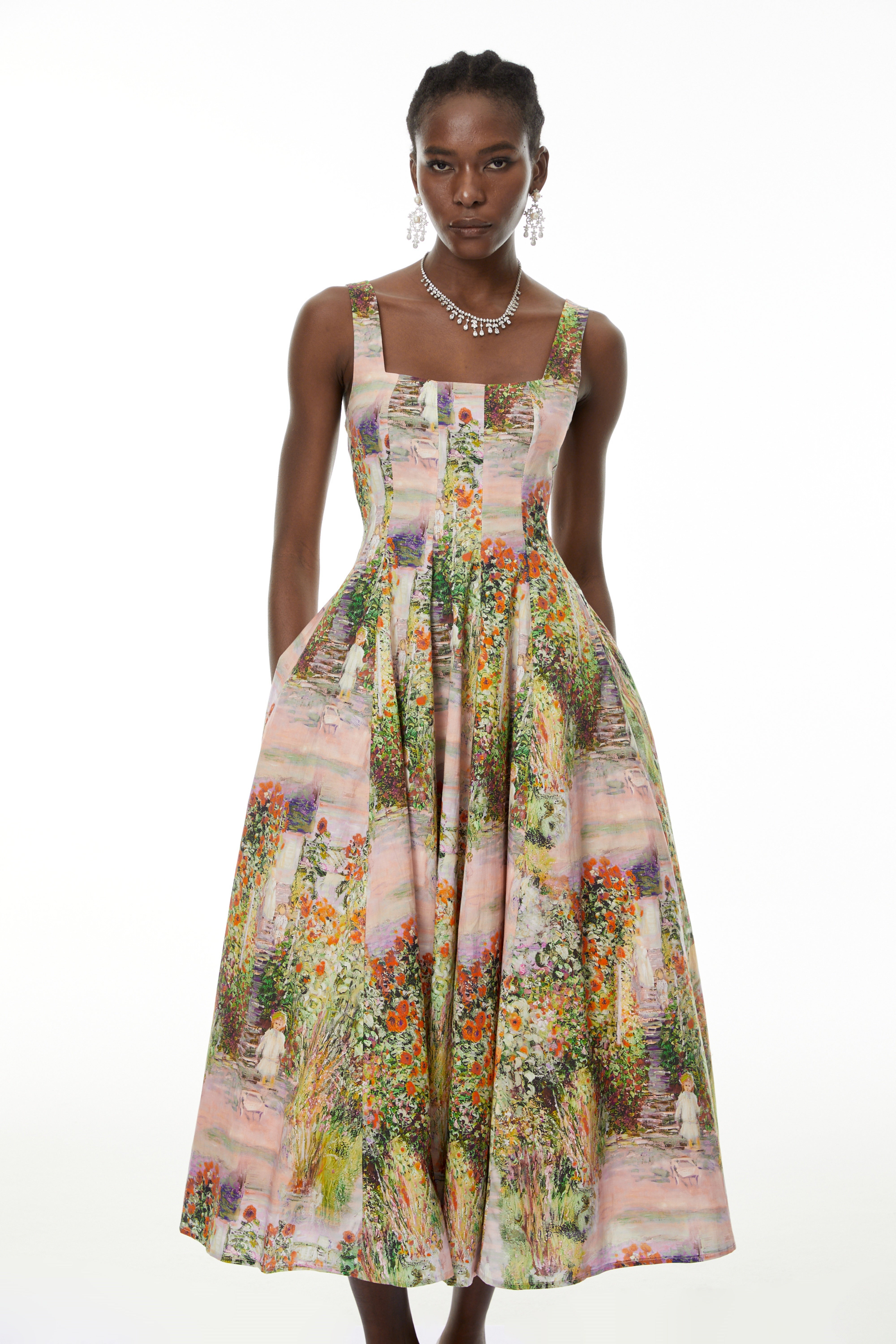 Adelheid Pink Floral Print Flared Midi Dress