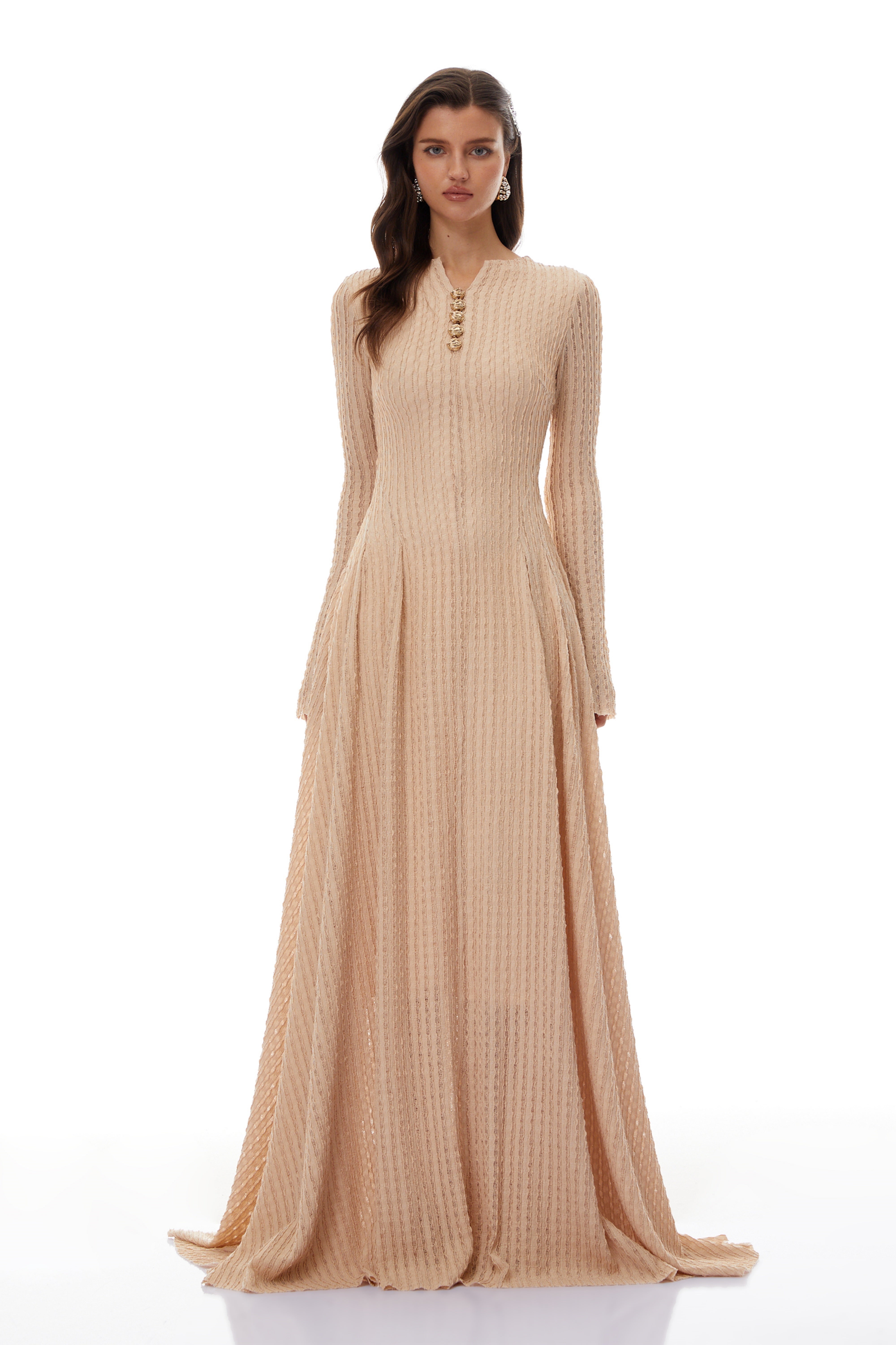 Adeline Beige Textured Jacquard Maxi Gown