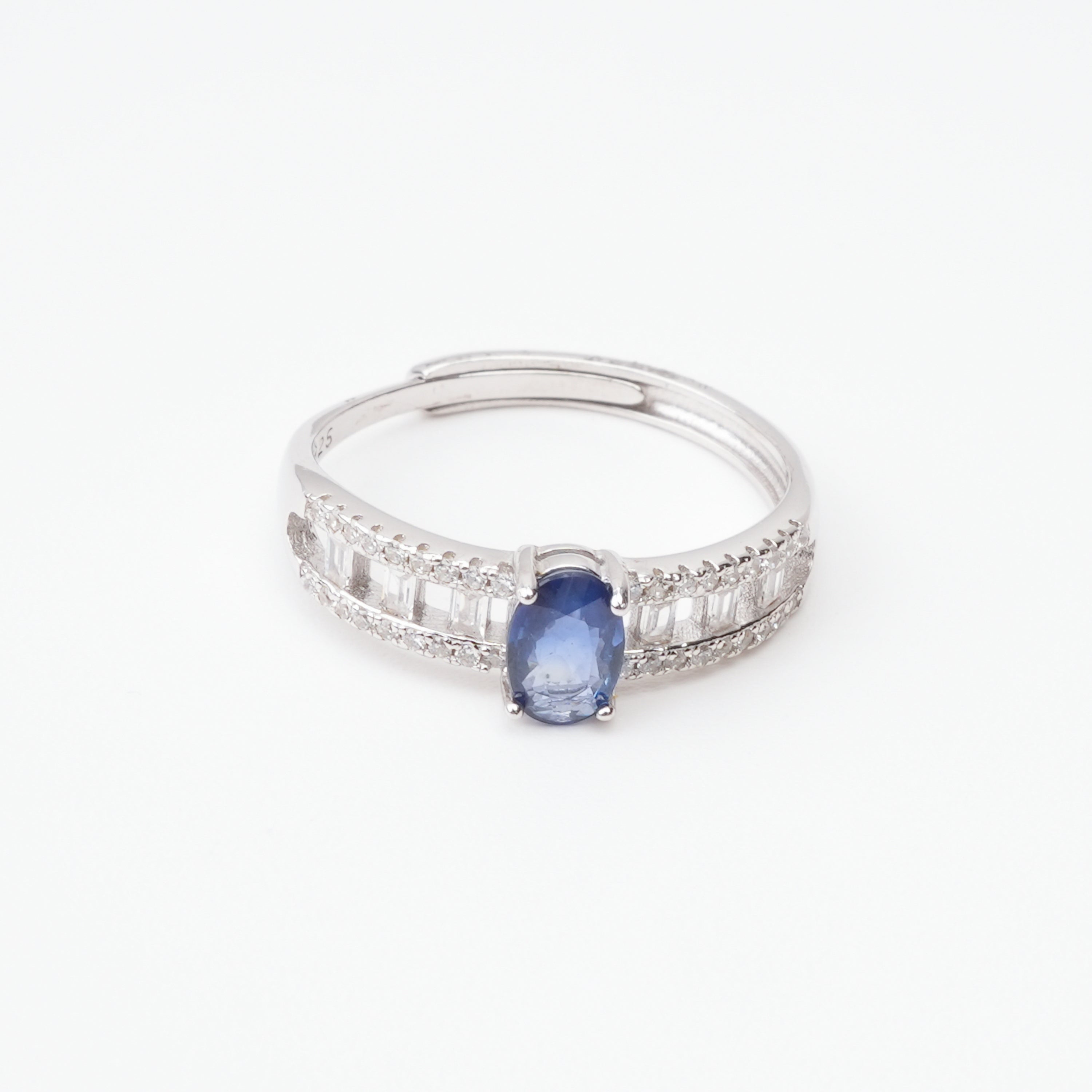 Adeline Sapphire Blue Oval Cut Openwork Baguette Sterling Silver Ring
