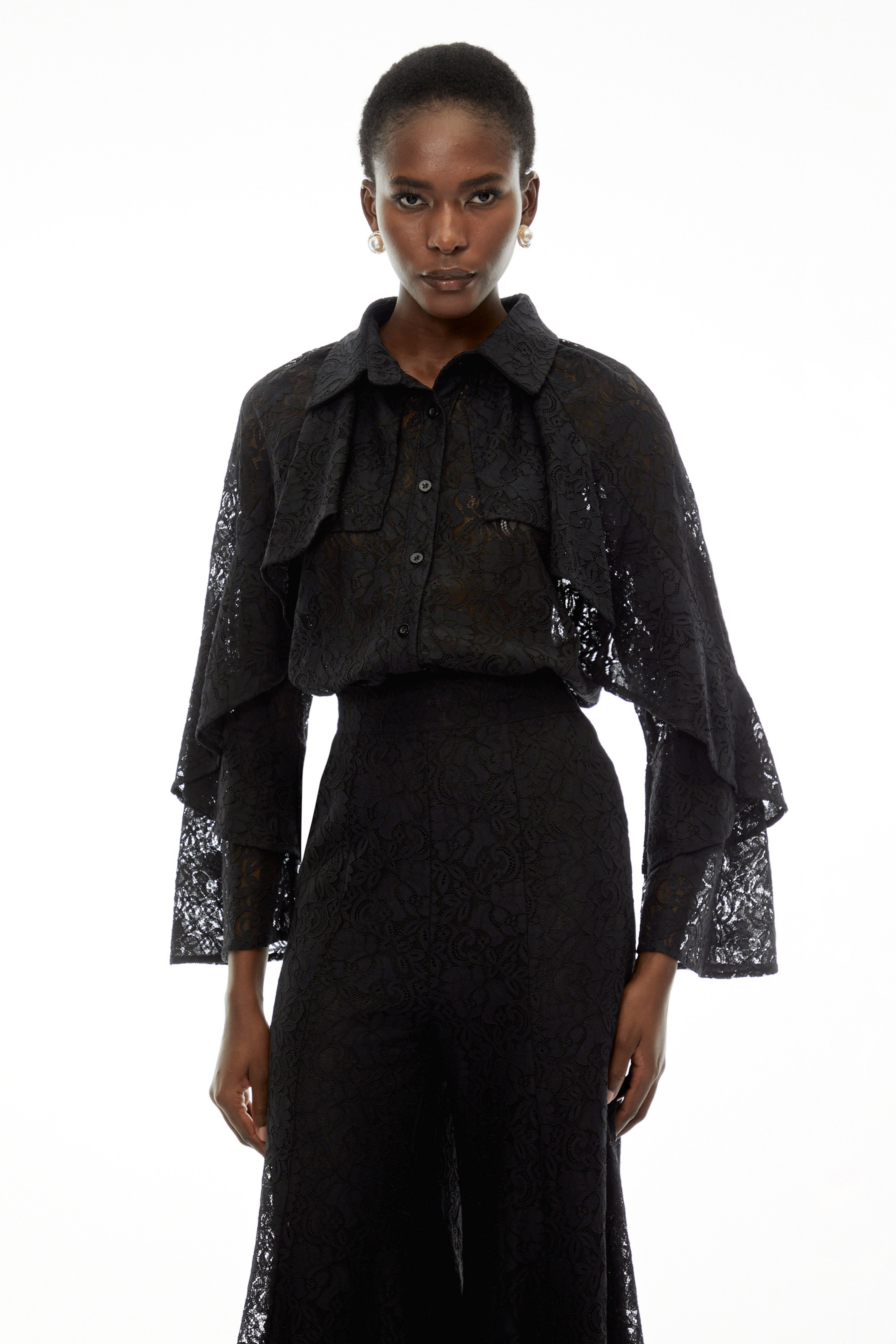 Adriana Black Long Sleeve Lace Blouse & Trousers Set (Final Sale)