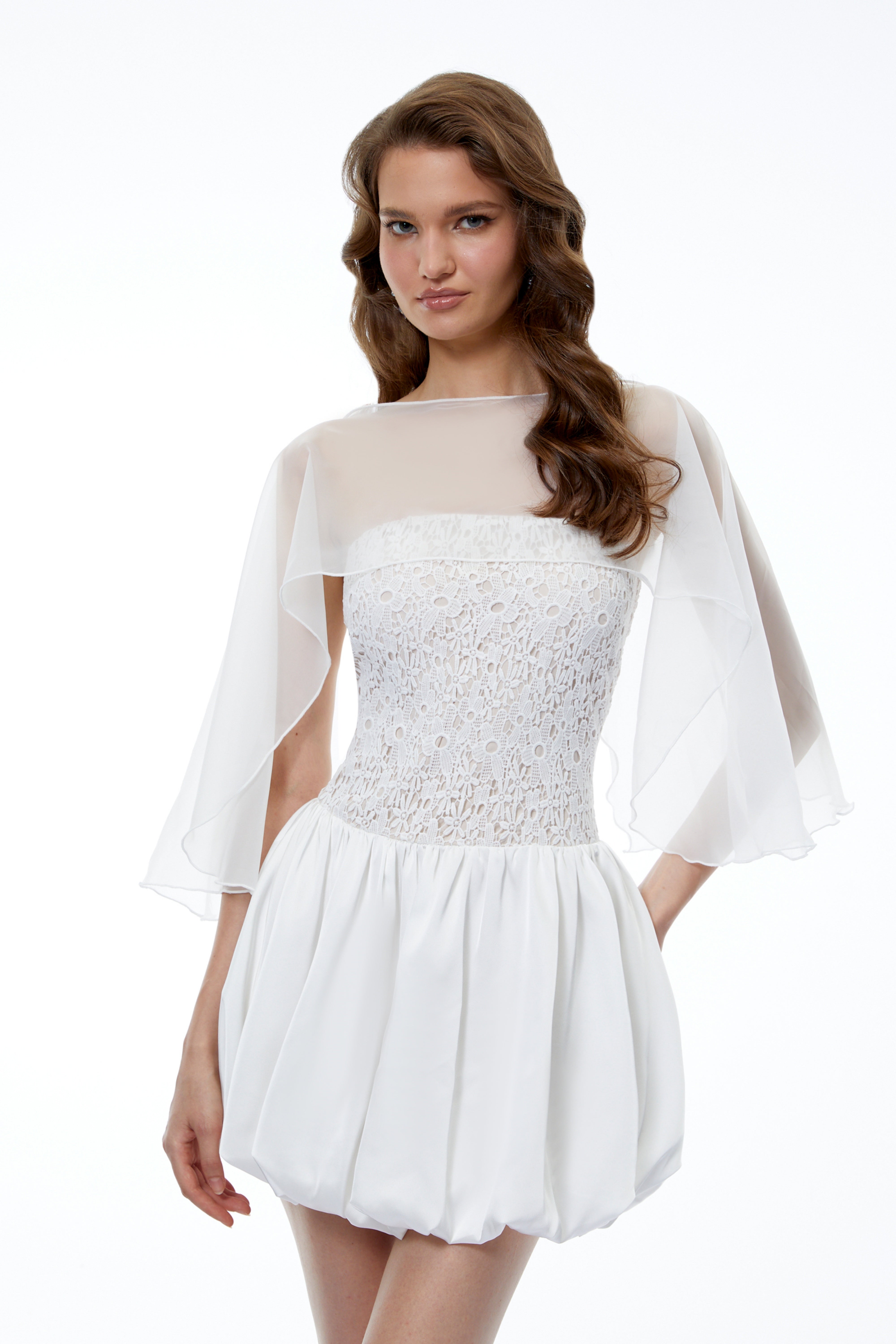 Agnes White Off Shoulder Floral Panel Puffball Mini Dress with Cape