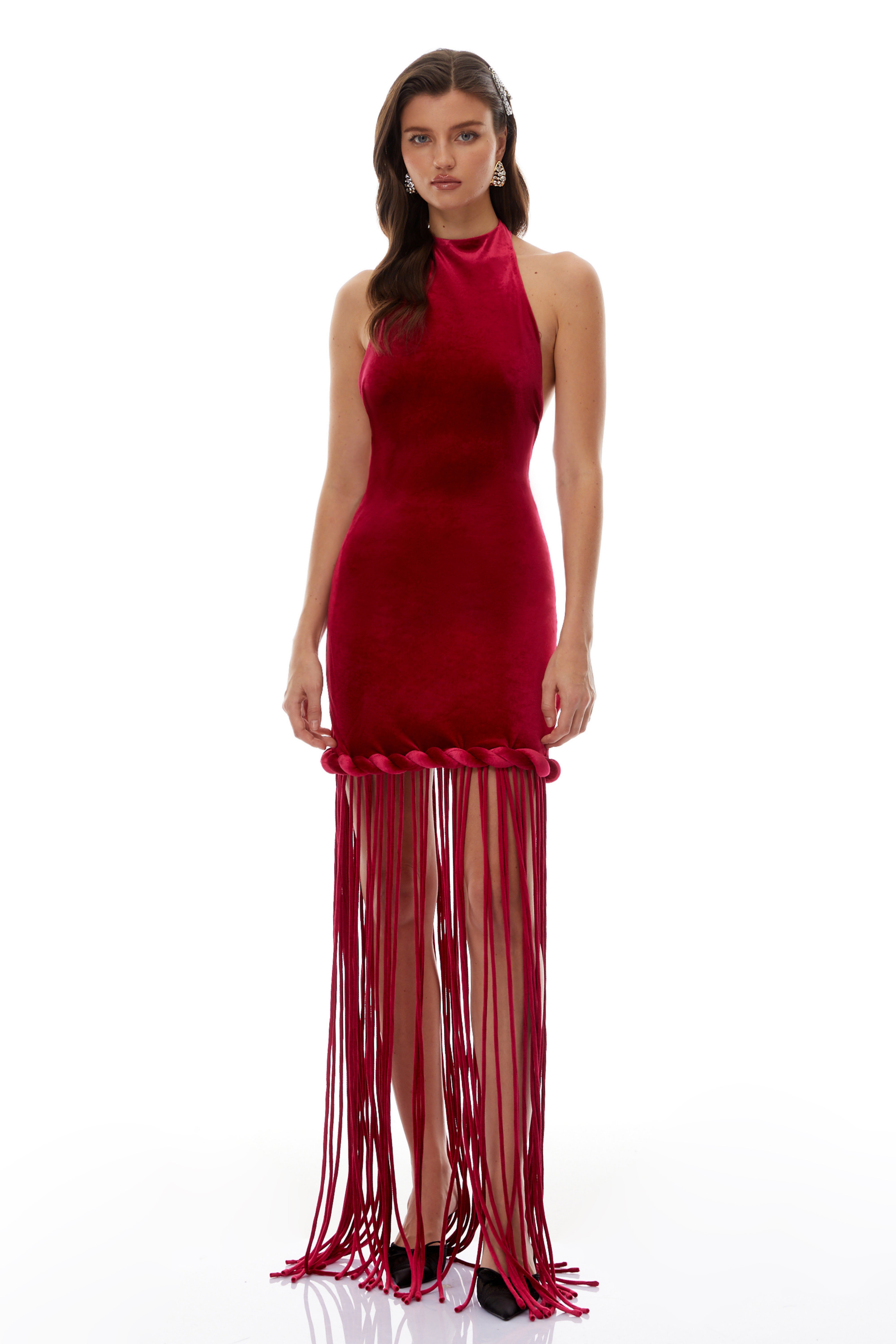 Aïda Red Halterneck Velvet Maxi Dress