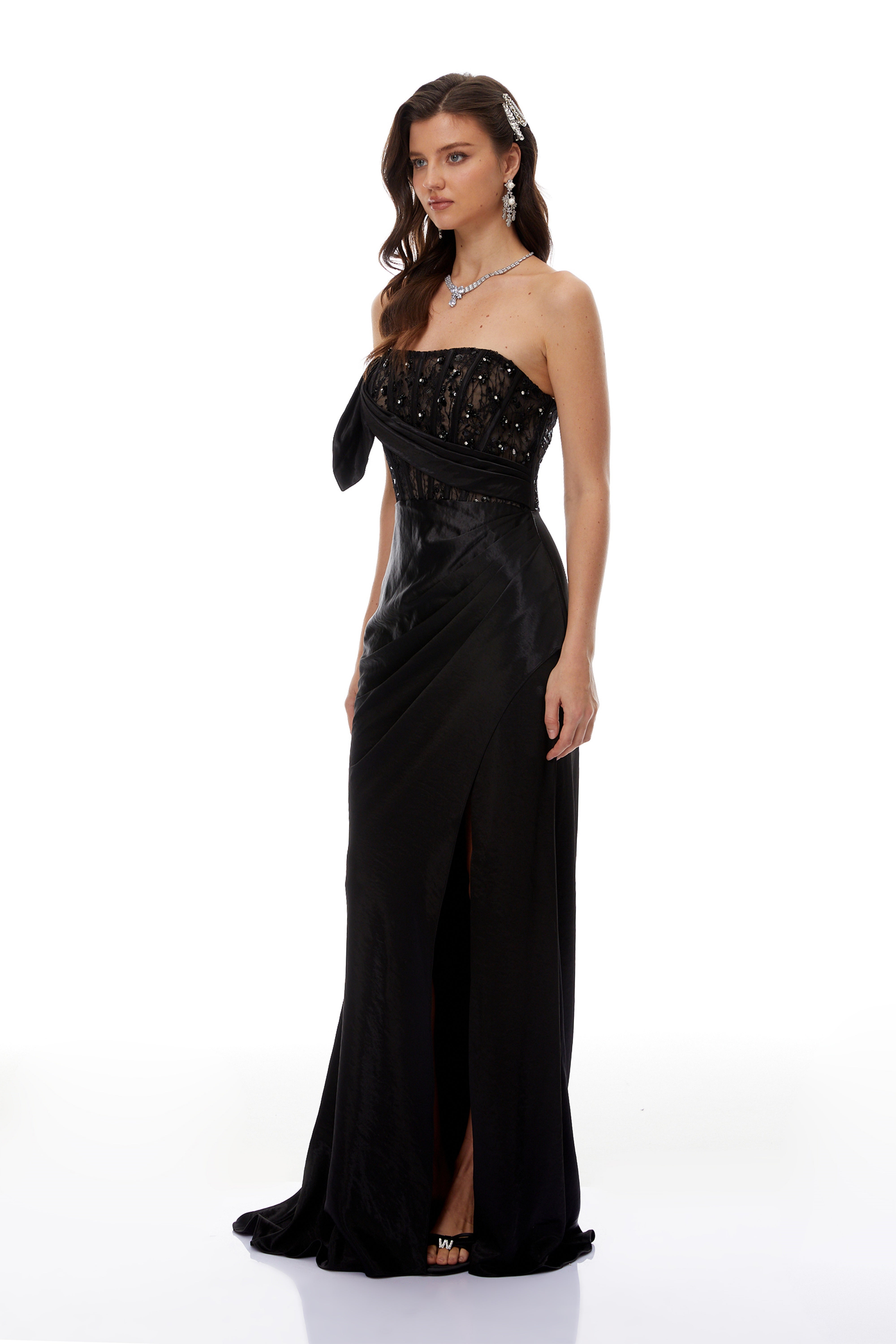 Aitziber Black Beaded Lace Sparkly Maxi Dress