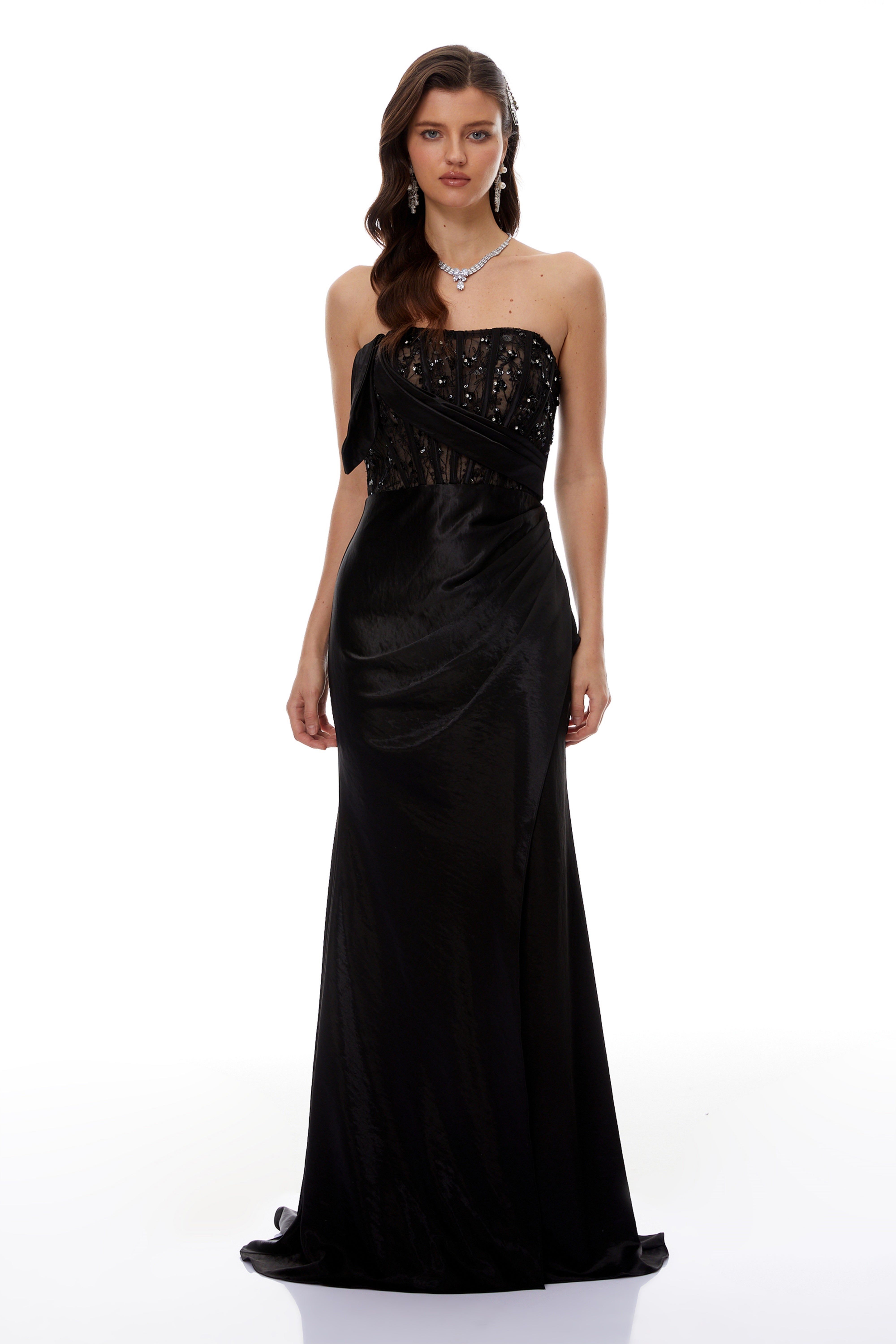 Aitziber Black Beaded Lace Sparkly Maxi Dress