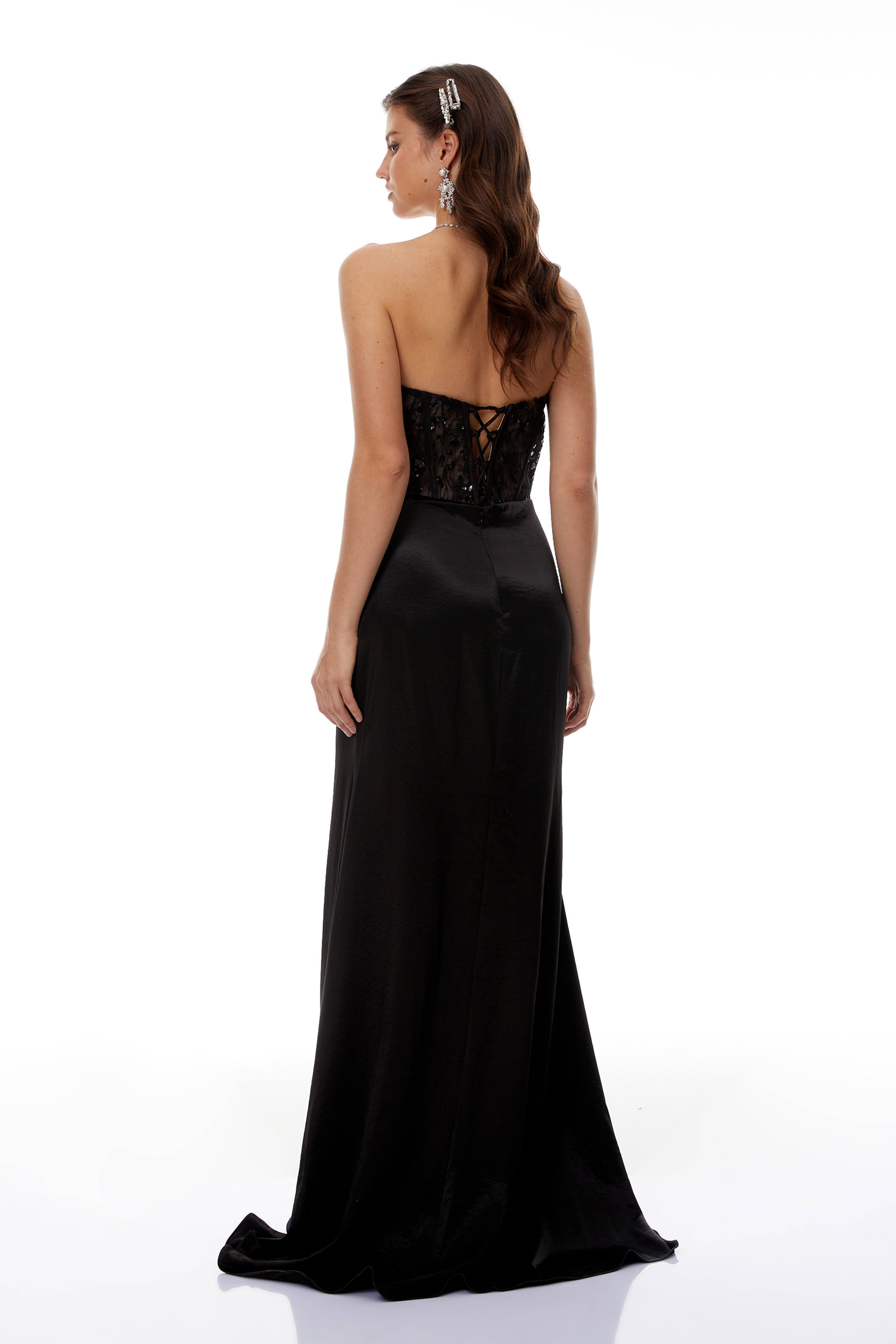 Aitziber Black Beaded Lace Sparkly Maxi Dress