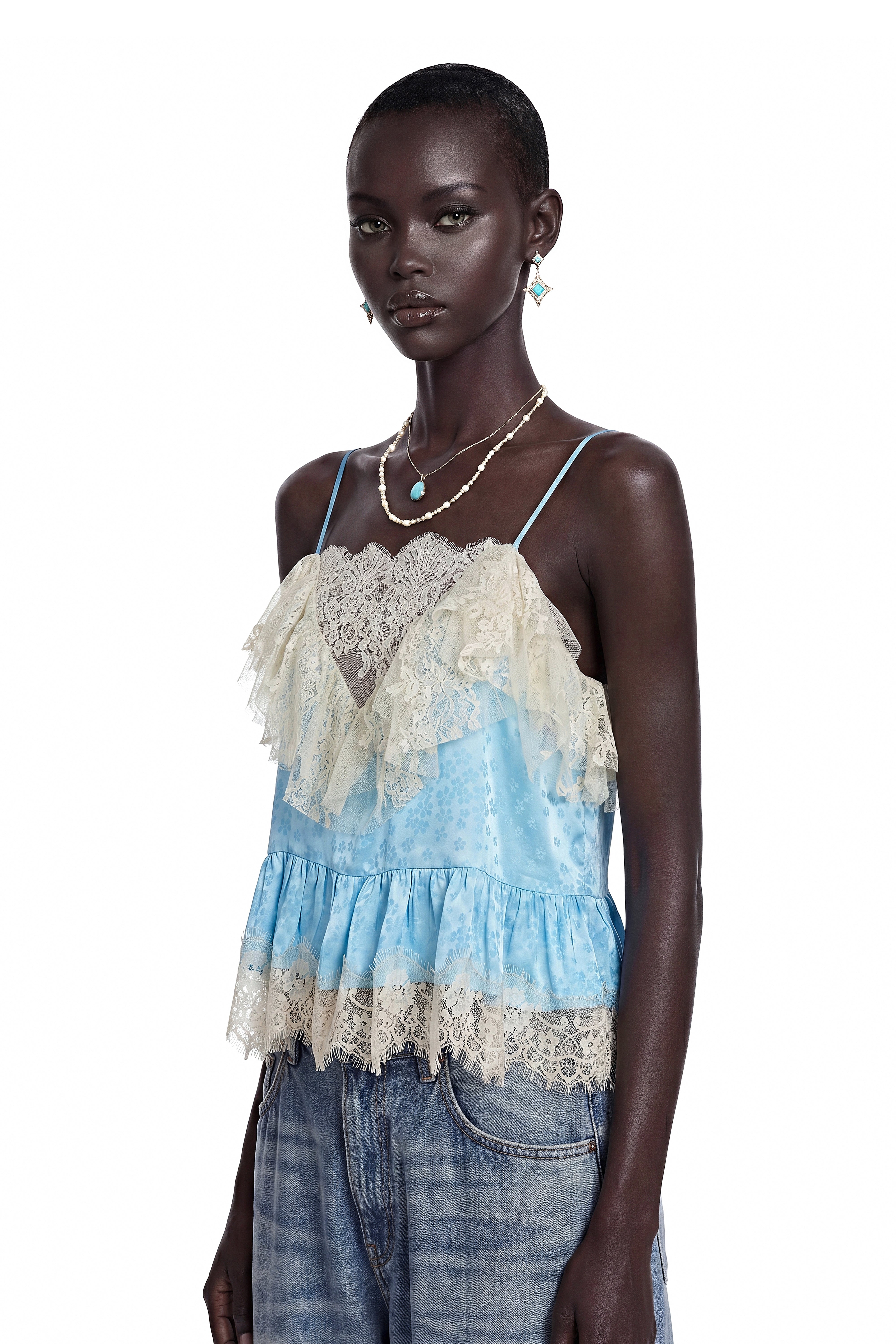 Alba Blue Spaghetti Straps Lace Detail Top